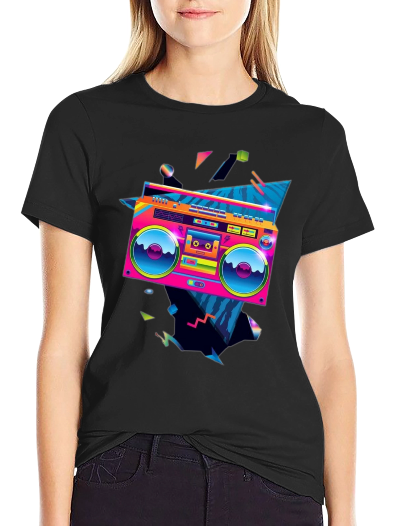 Black Retro Boombox Graphic Tee - 80s Style! view 2