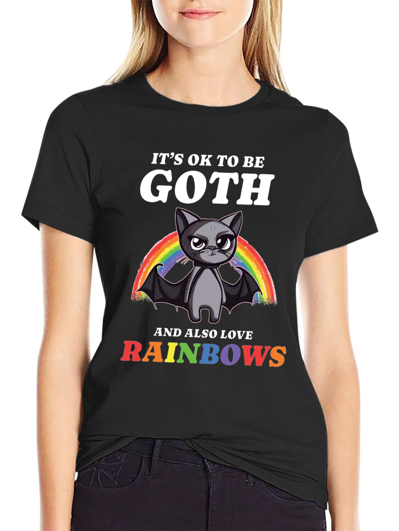 Black Goth Cat Rainbow T-Shirt view 2