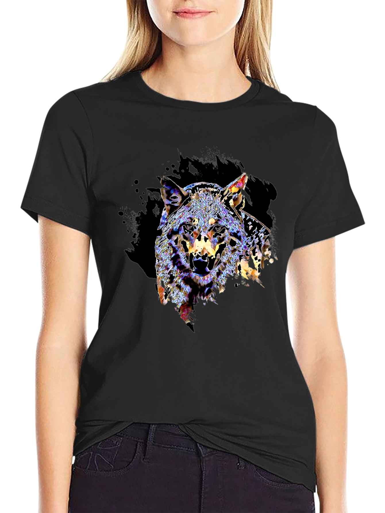 Black Wolf Graphic Print Black T-Shirt view 2