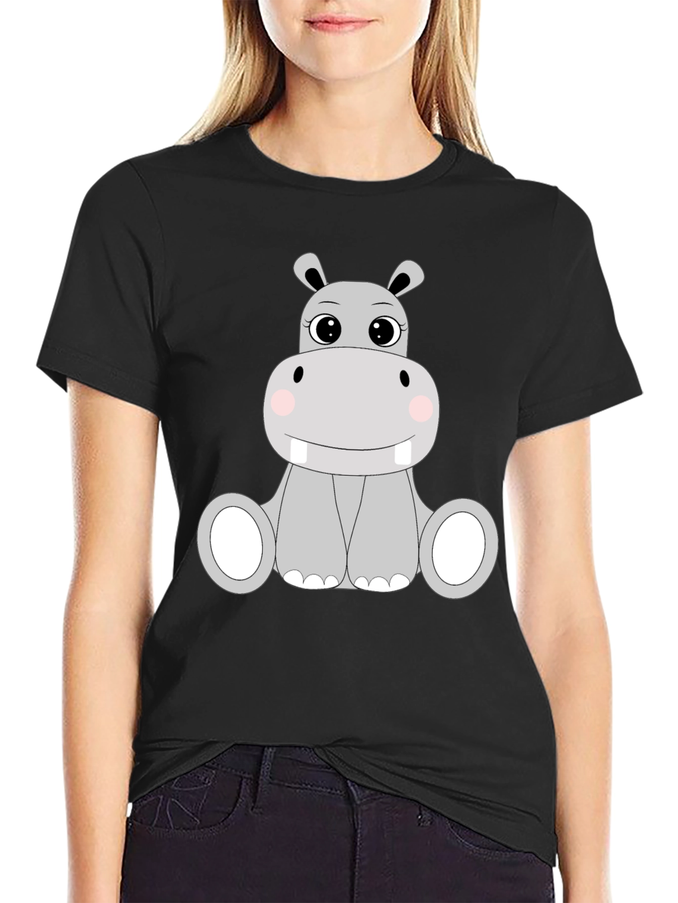 Black Cute Hippo Graphic Tee - Black view 2