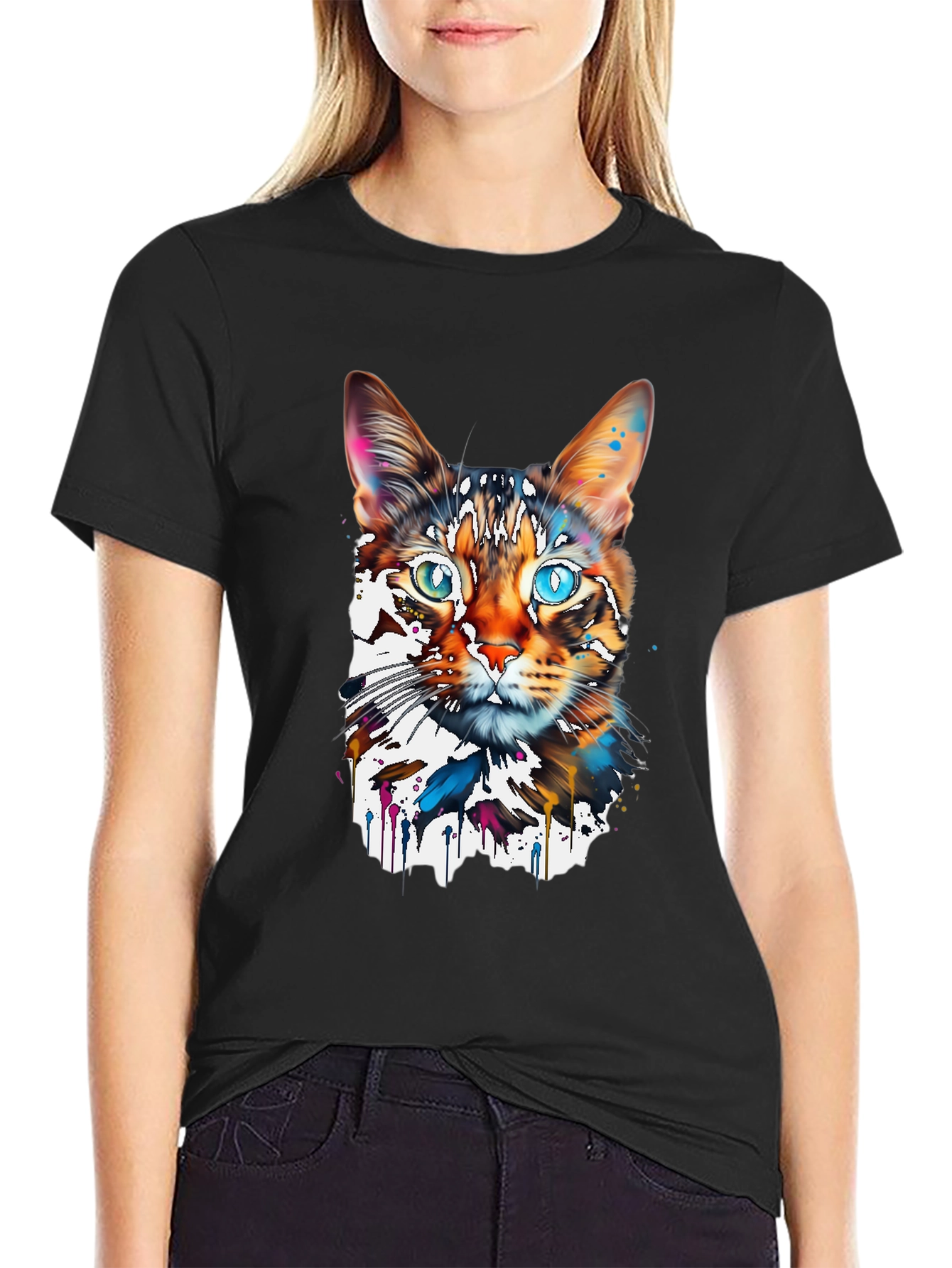 Black Abstract Cat Graphic Tee - Modern Art T-Shirt view 2