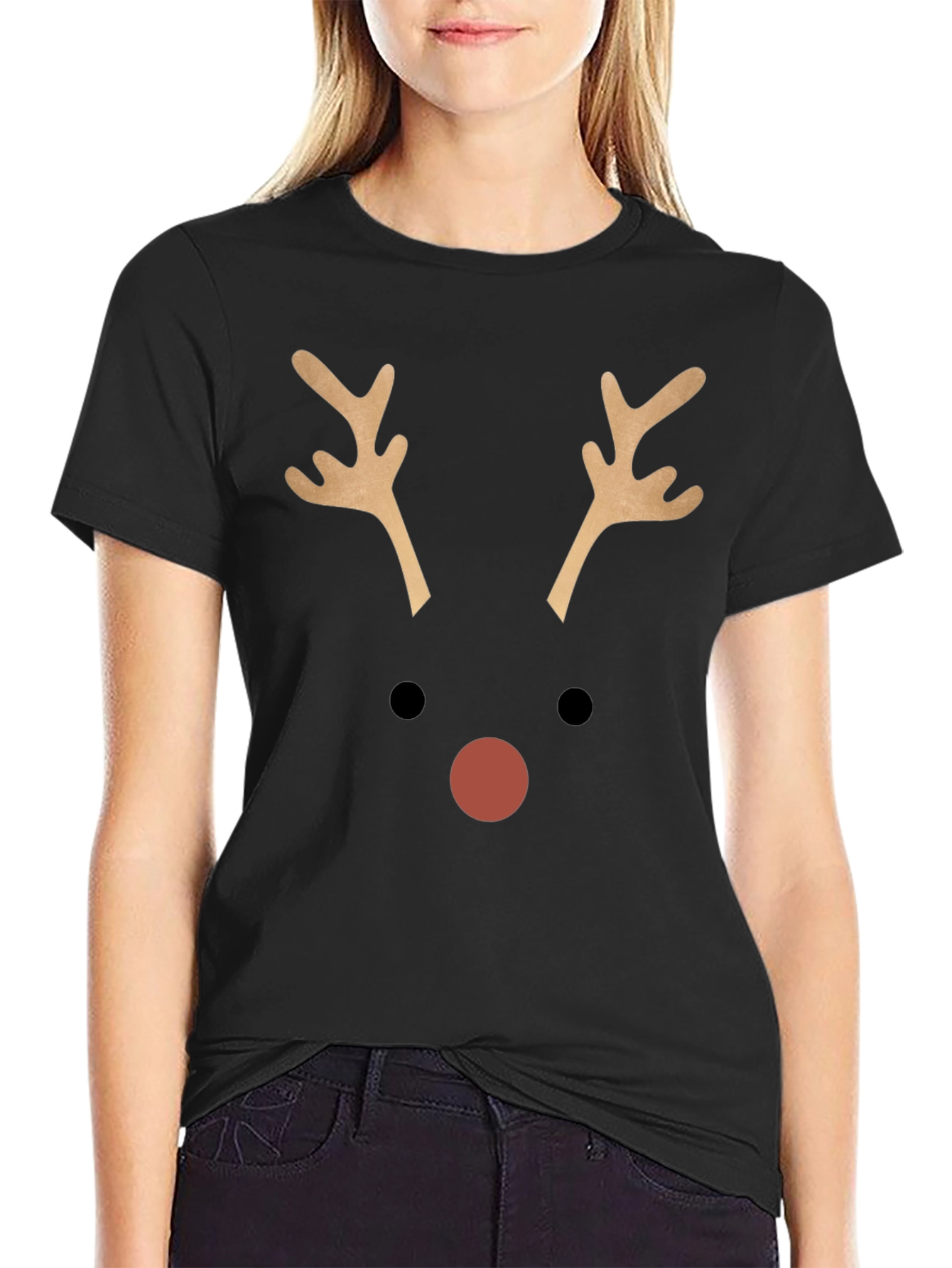 Black Reindeer Face Graphic T-Shirt - Christmas Holiday Tee view 2