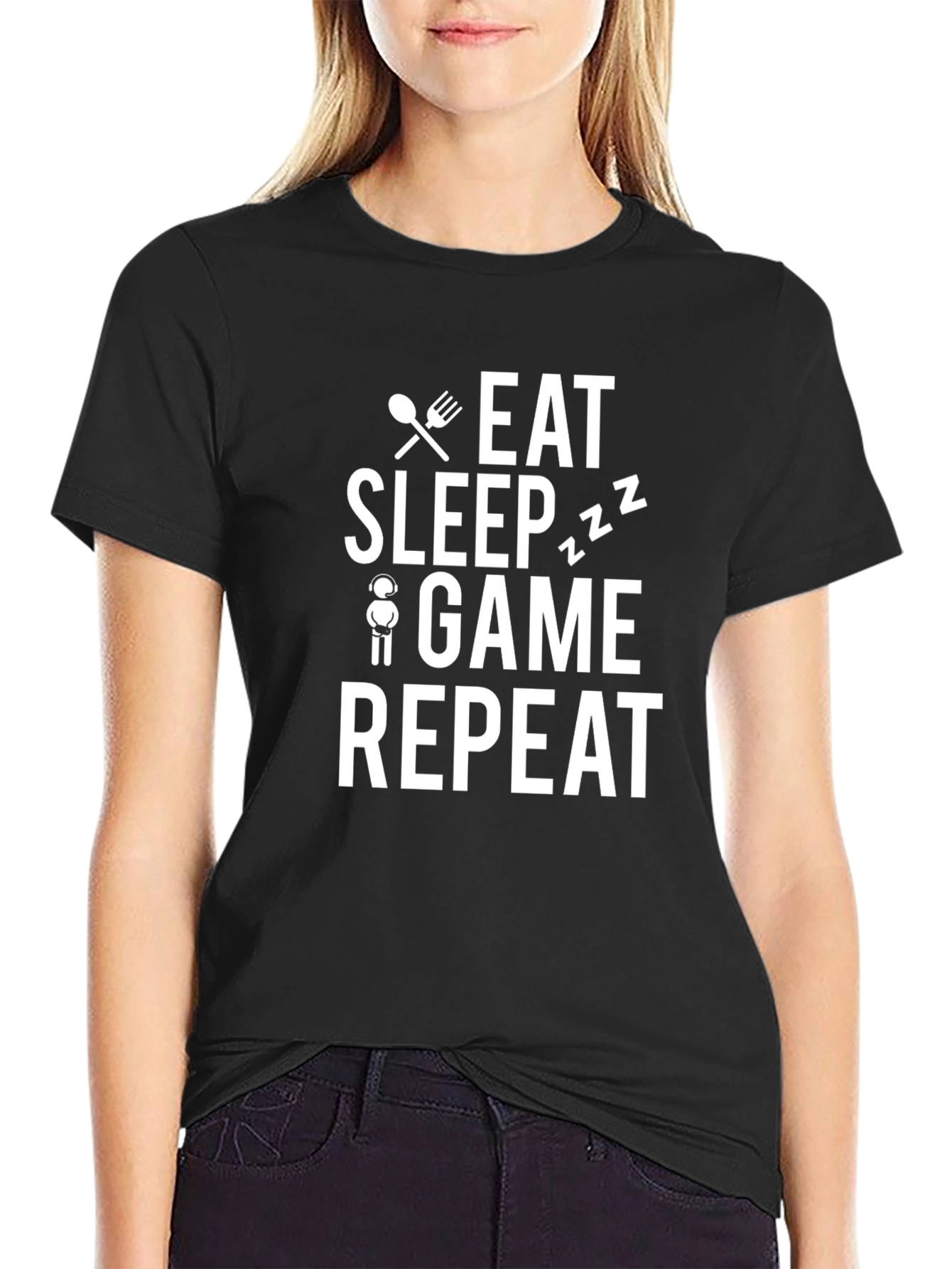 Black Eat Sleep Game Repeat Black T-Shirt view 2