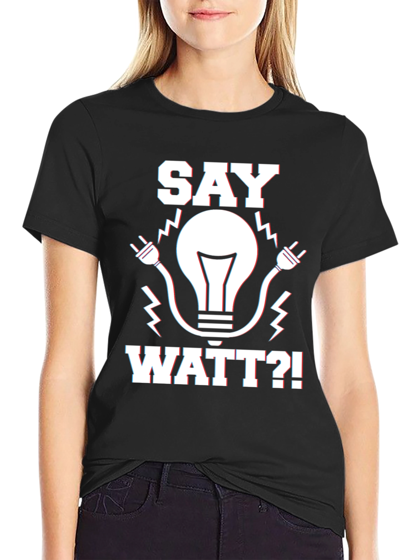 Black Say Watt? Humor Graphic T-Shirt - Black view 2