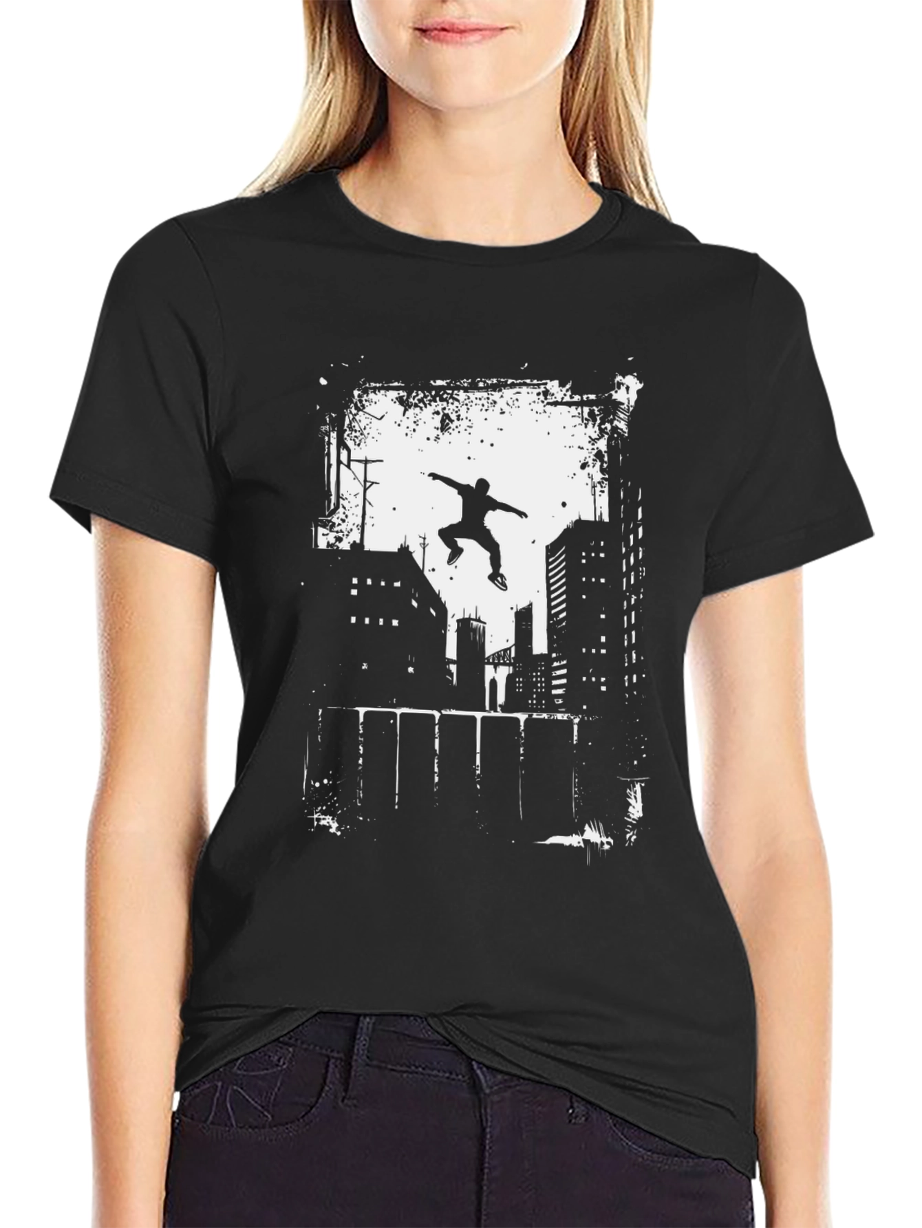 Black Urban Parkour Graphic Tee - Black Cotton T-Shirt view 2