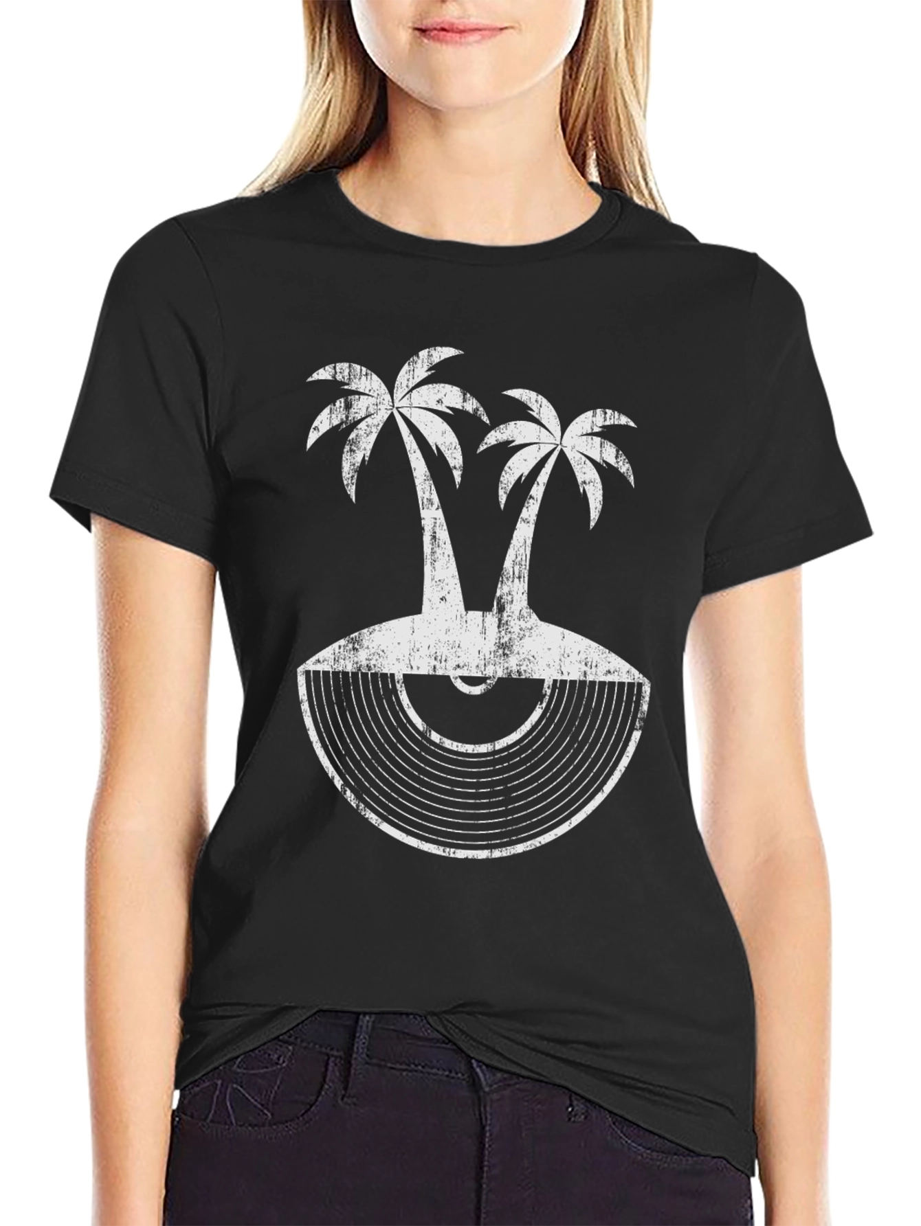 Black Tropical Palm Tree Vinyl Record Graphic Tee view 2