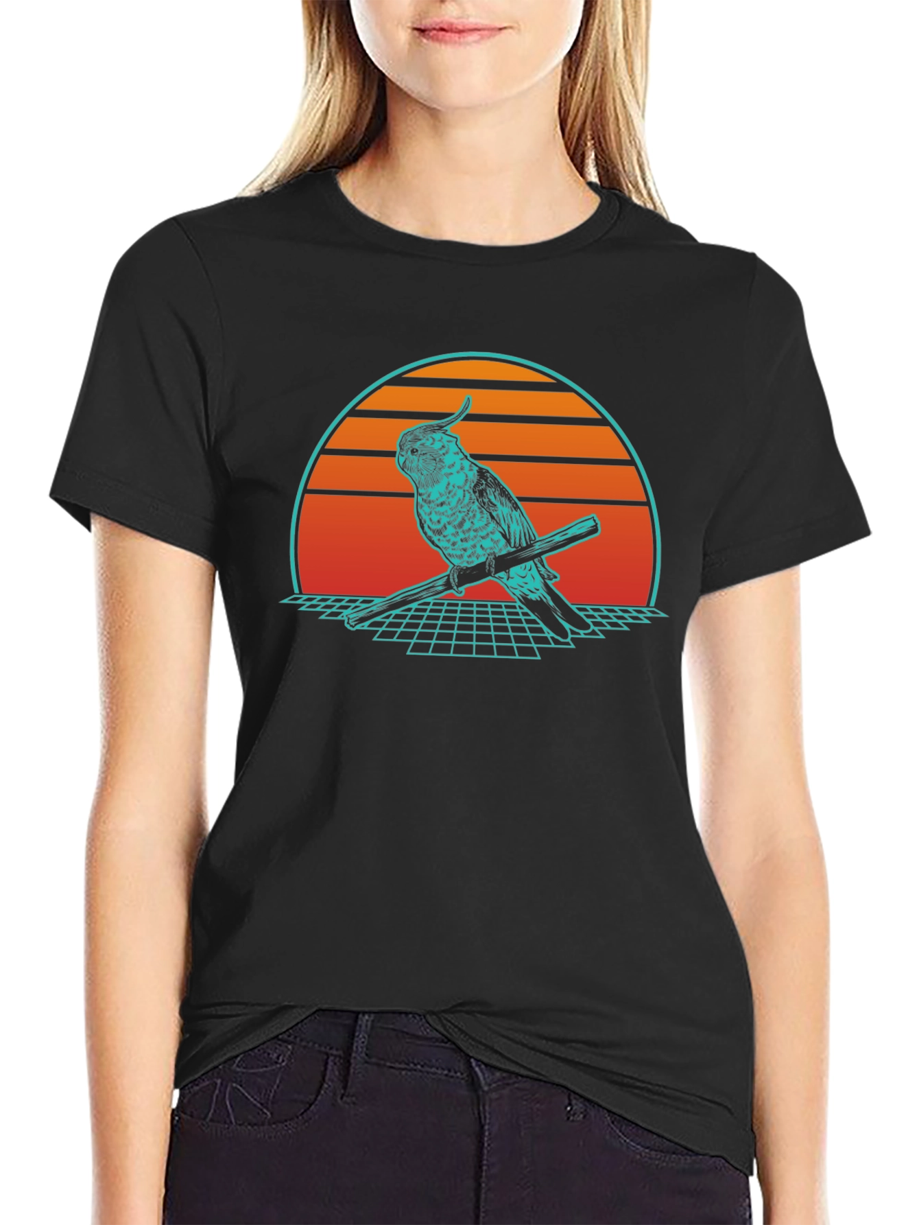 Black Retro Parrot Graphic Tee - Vintage Style T-Shirt view 2