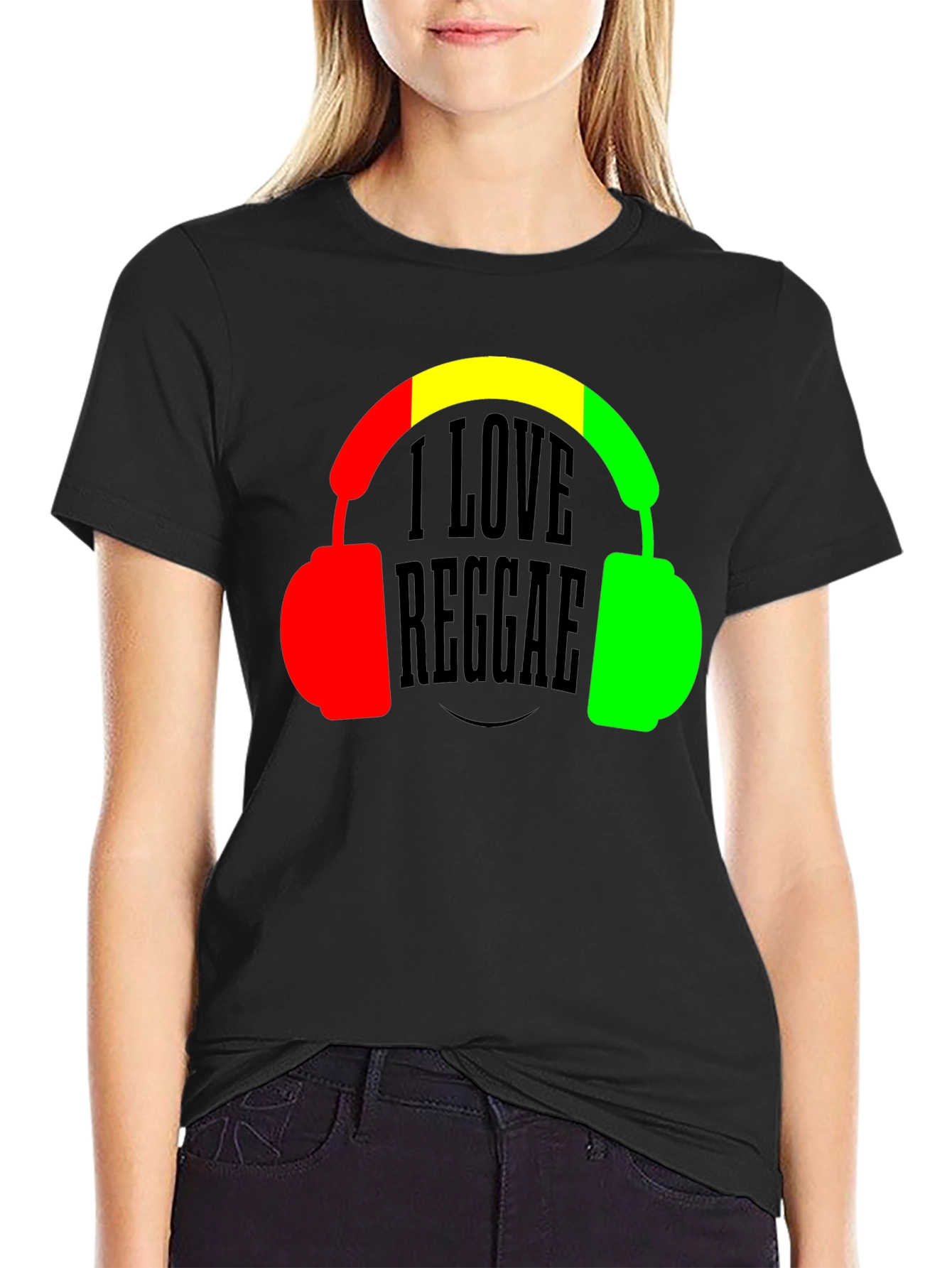 Black I Love Reggae T-Shirt Headphones Jamaican Colors view 2