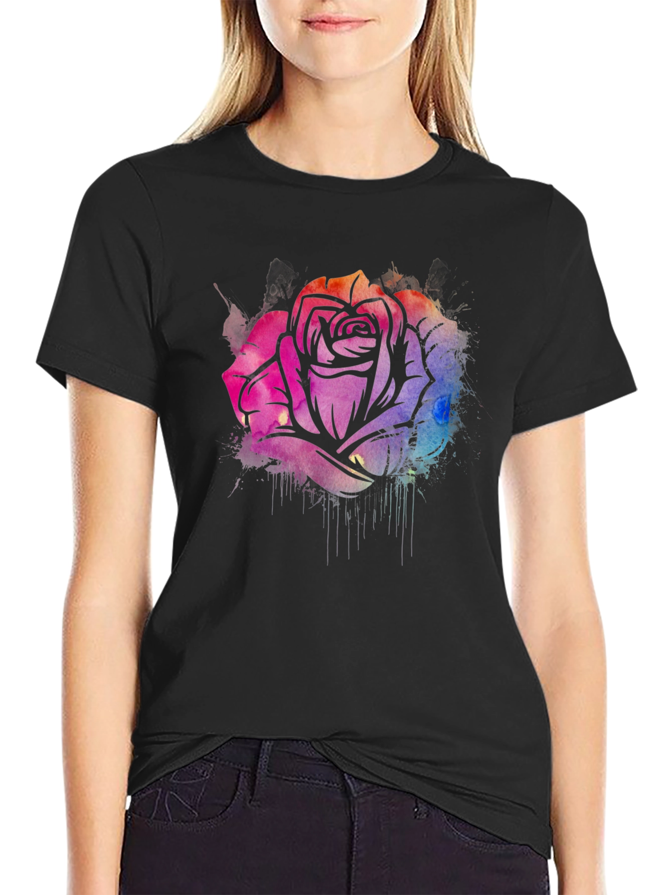 Black Watercolor Rose Graphic Tee - Stylish Black T-Shirt view 2