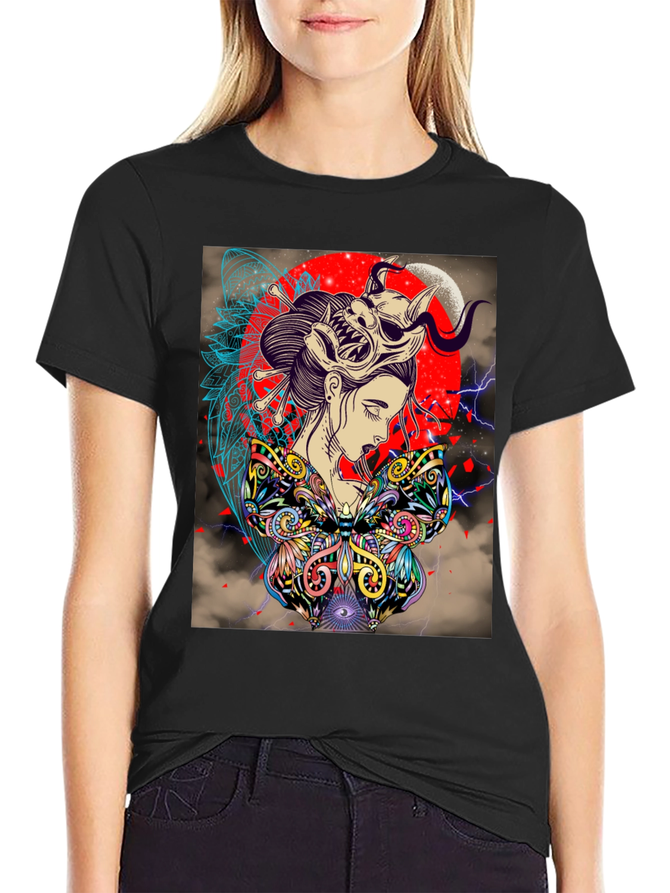 Black Geisha Mask Graphic Print Black T-Shirt view 2