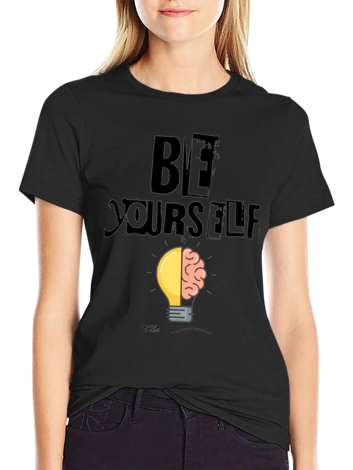 Black Be Yourself Brain Idea Lightbulb Graphic T-Shirt view 2