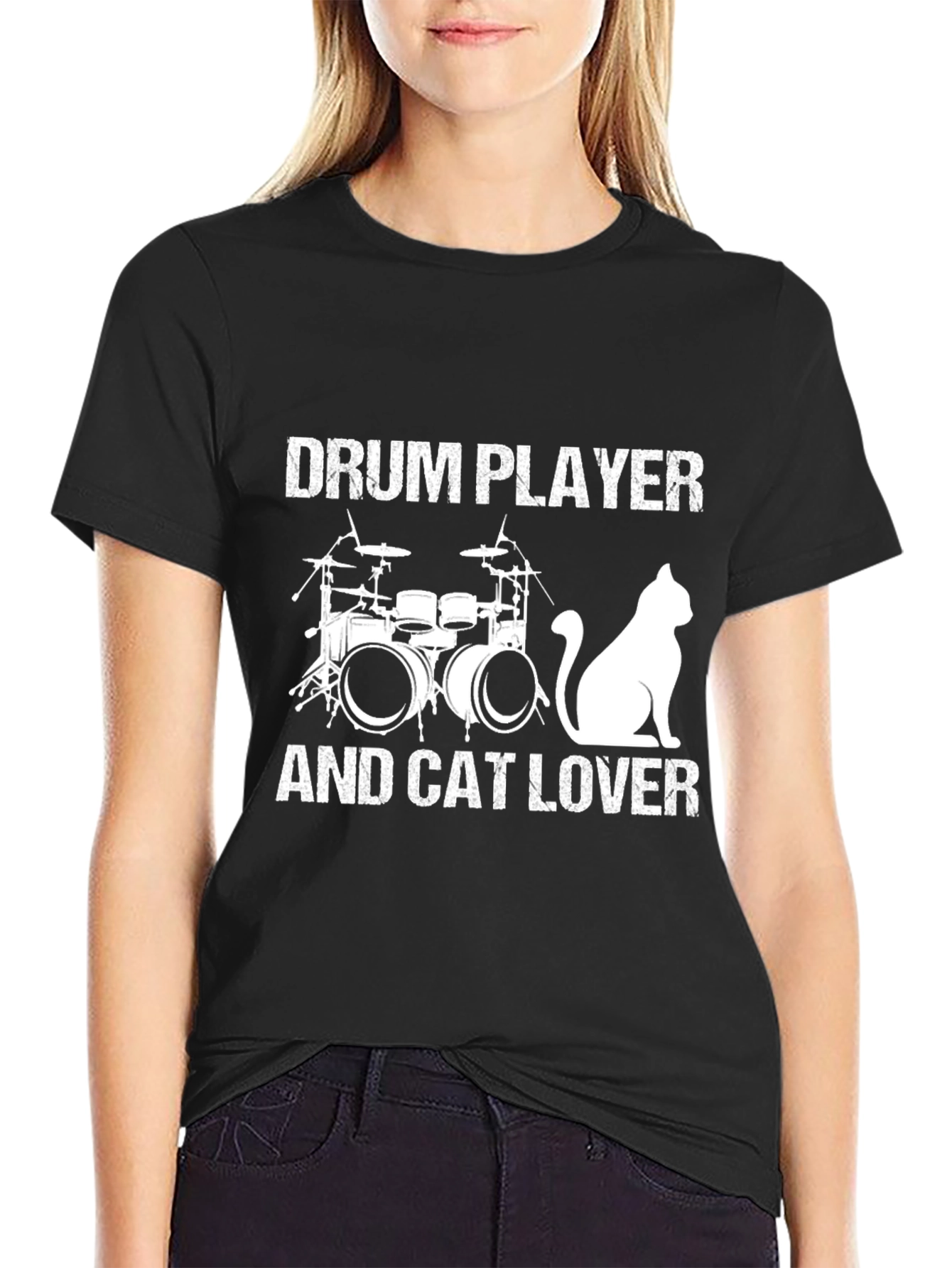 Black Drum Player & Cat Lover Black T-Shirt view 2