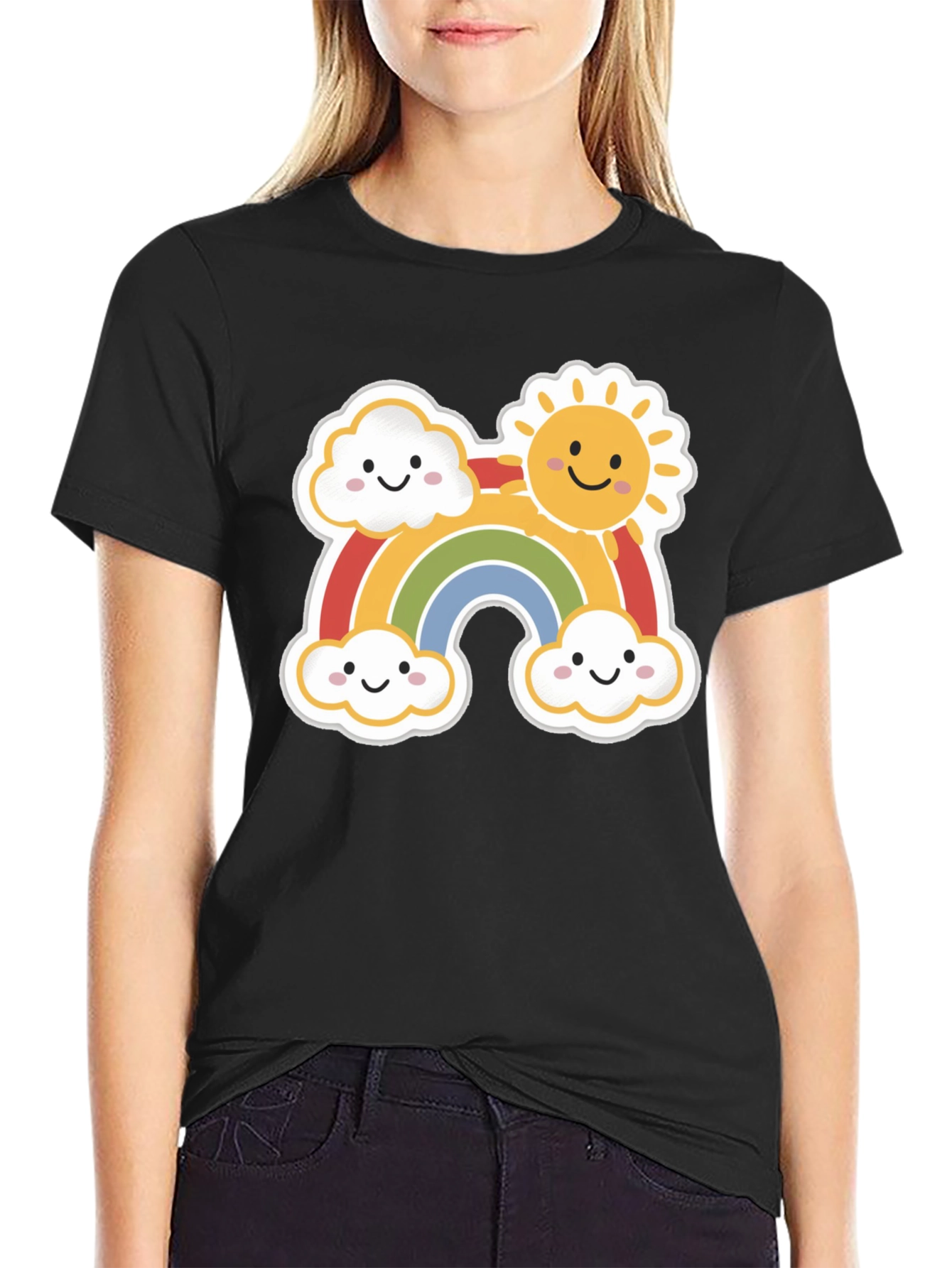 Black Cute Rainbow & Sun Graphic Tee - Black Cotton Shirt view 2