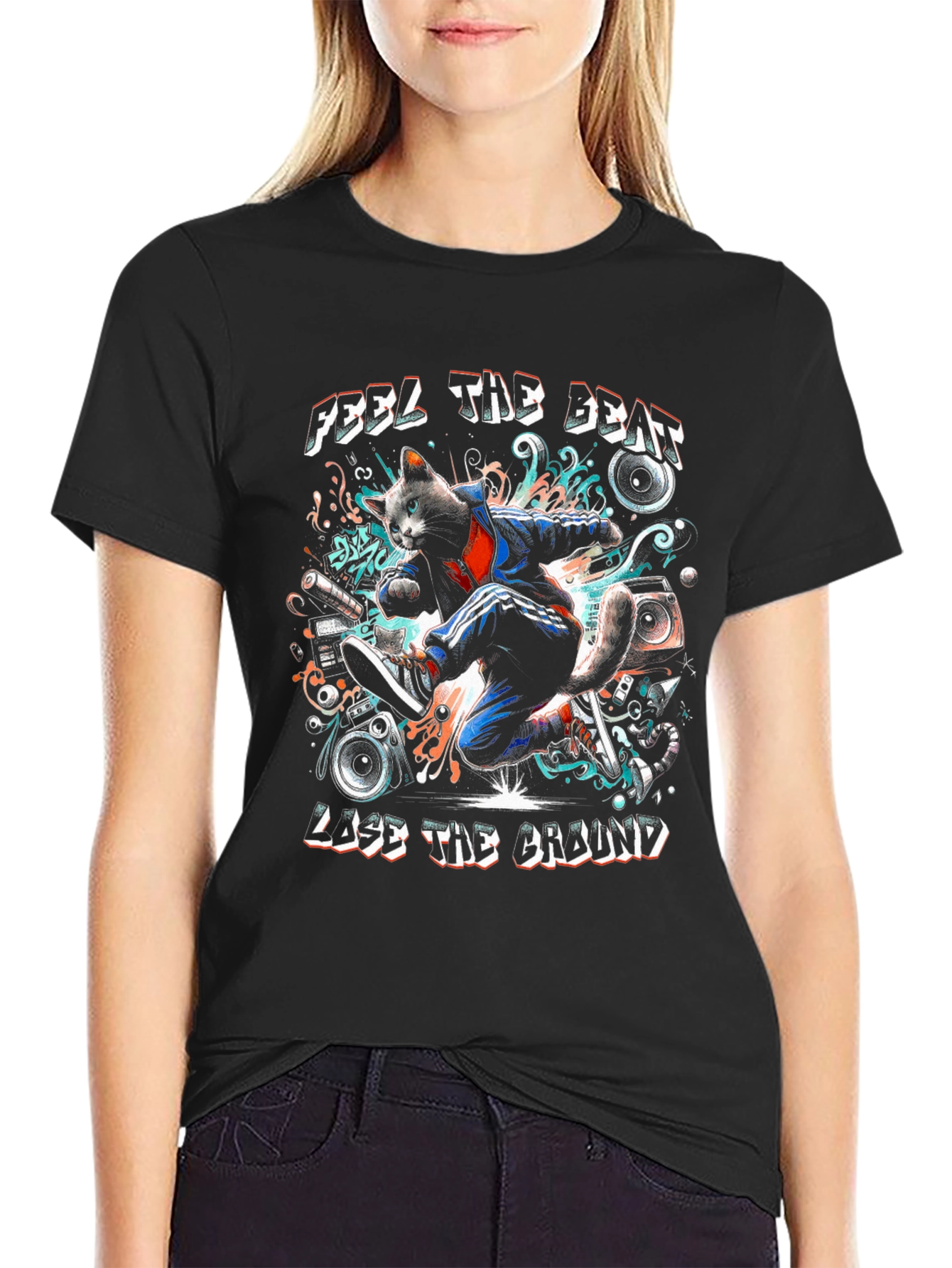 Black Feel the Beat Cat T-Shirt view 2
