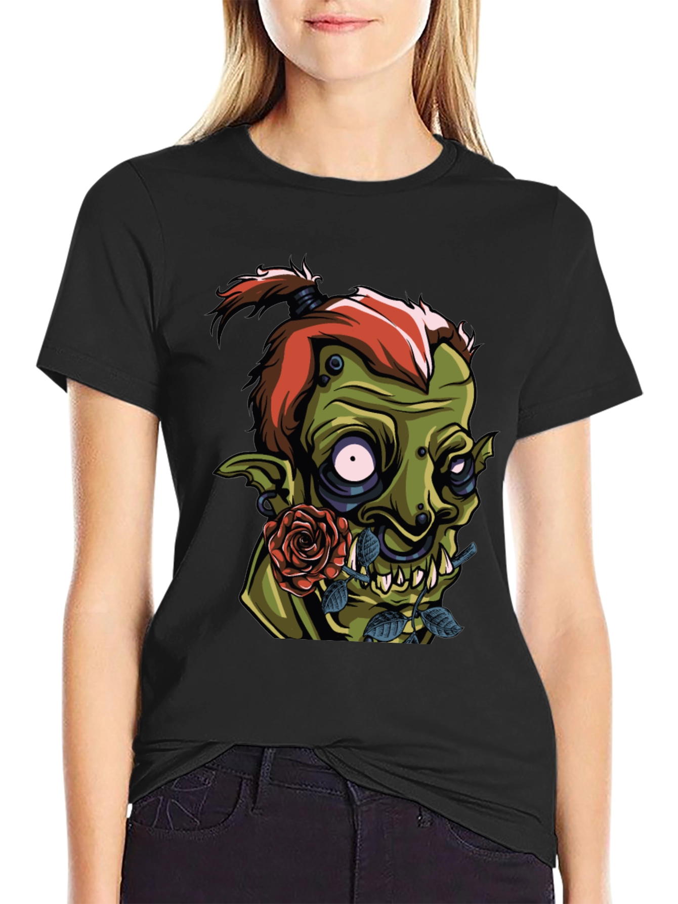 Black Men's Black T-Shirt - Goblin and Rose Design view 2