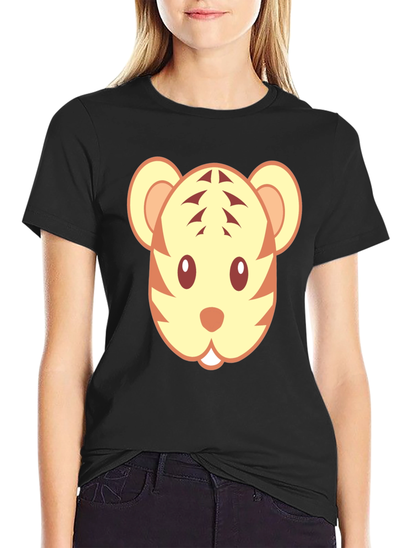 Black Cute Tiger Face Graphic Black T-Shirt view 2