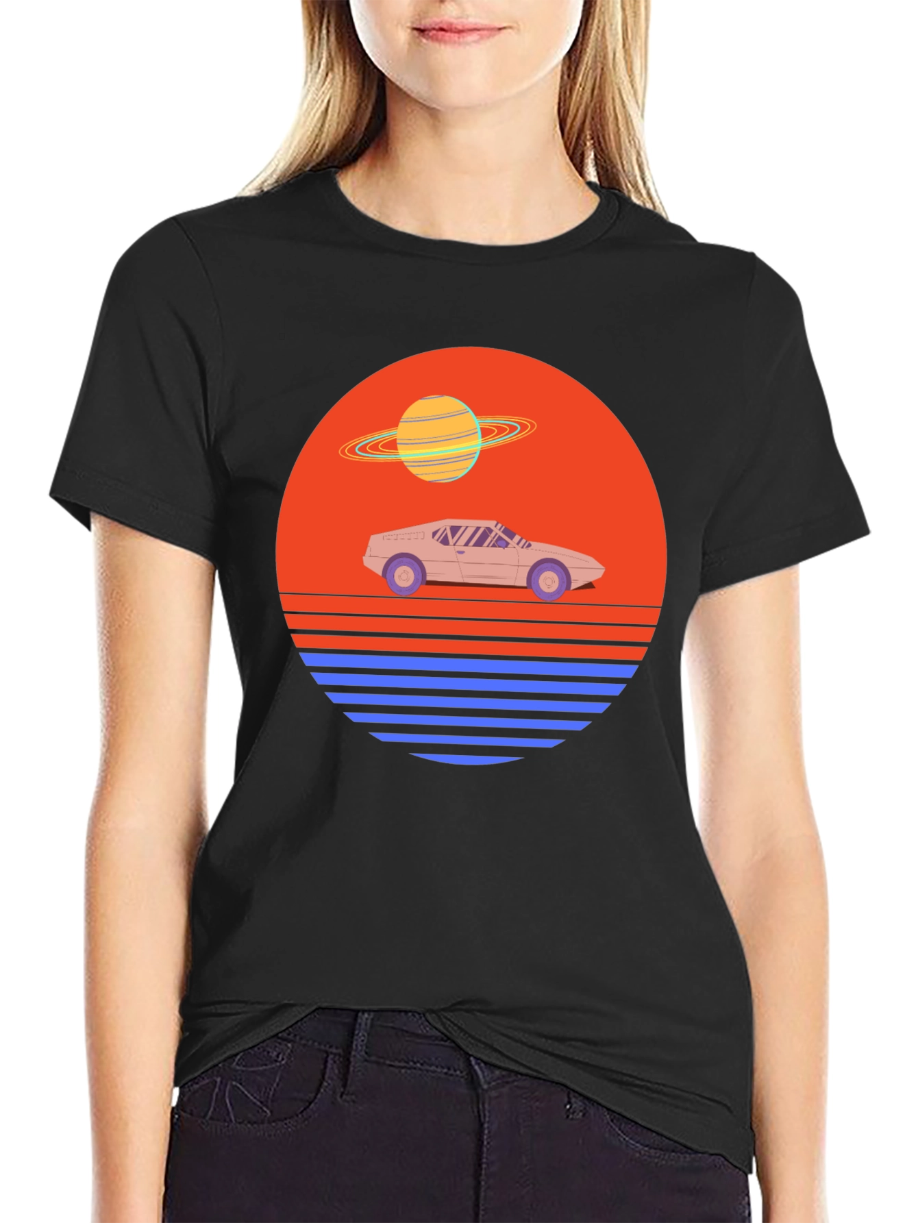 Black Retro Synthwave Car T-Shirt view 2