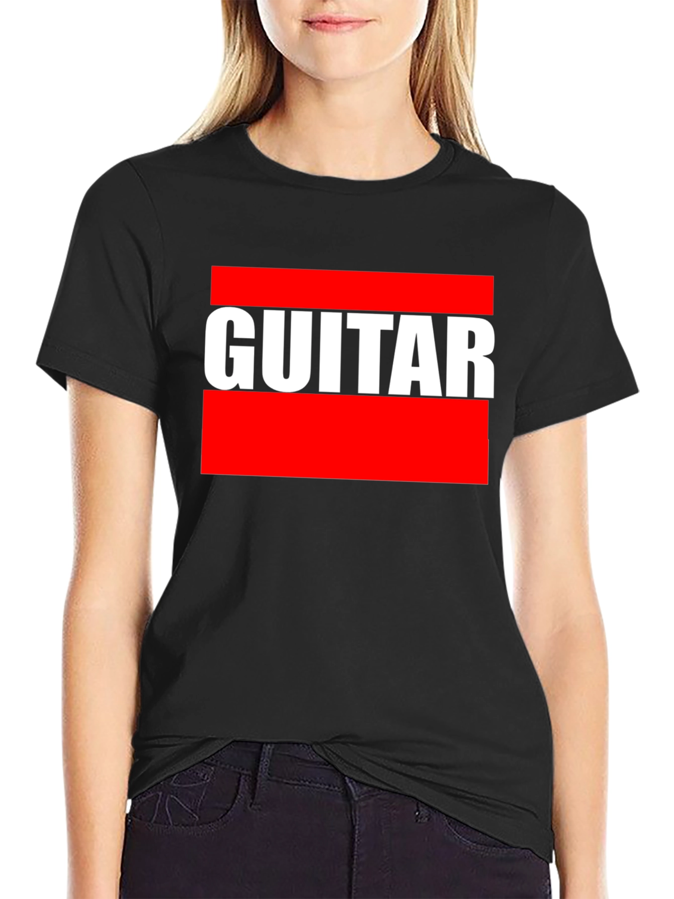 Black Guitar T-Shirt - Bold Red and White Design view 2