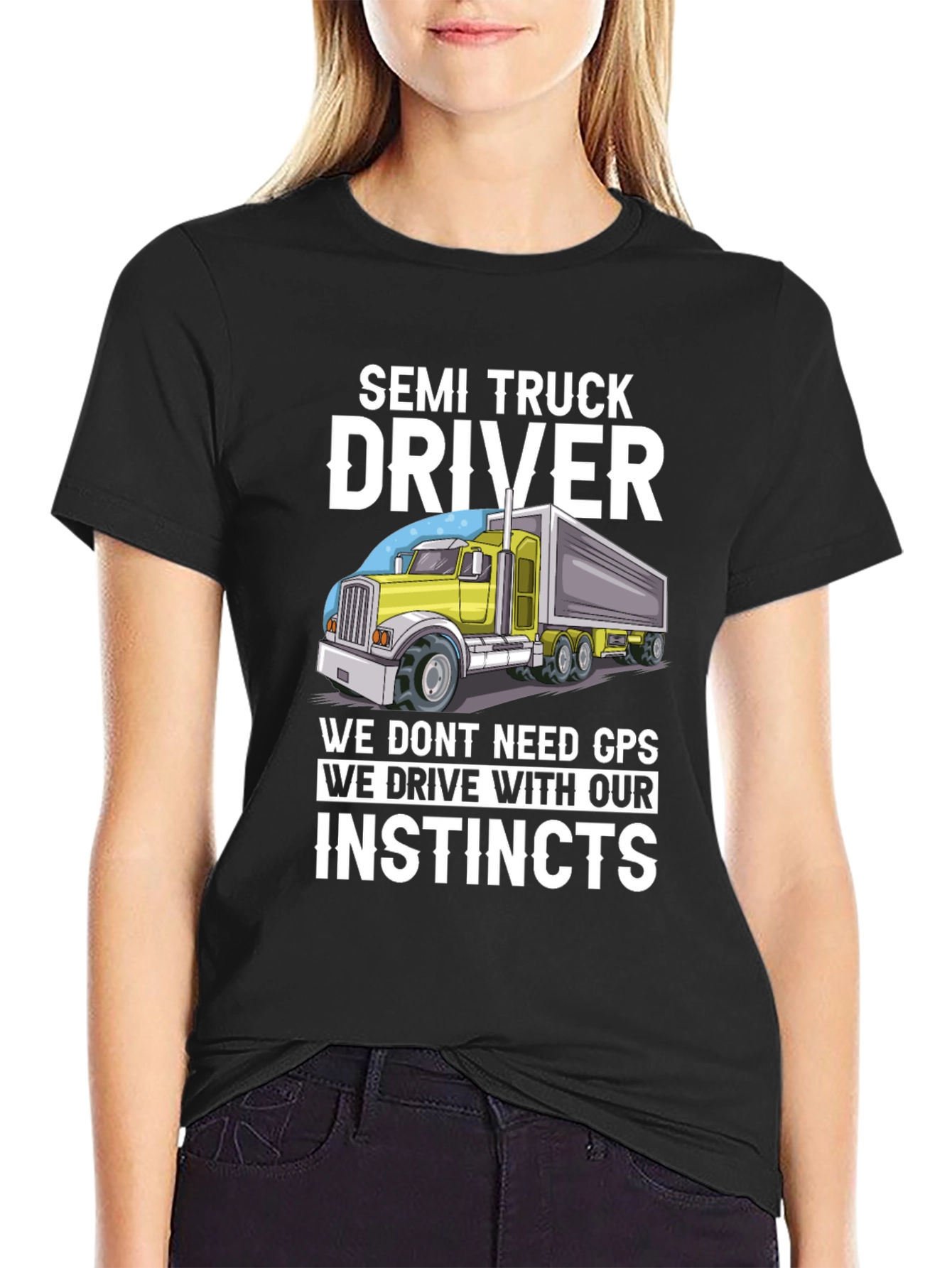 Black Semi Truck Driver Instincts Graphic Tee view 2