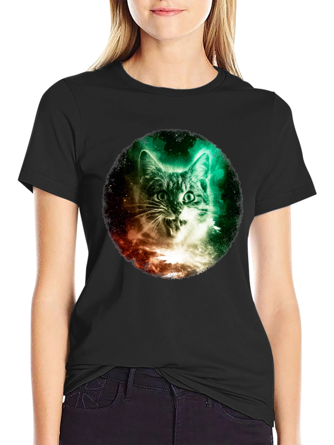 Black Cosmic Cat Graphic Tee - Galaxy Kitten T-Shirt view 2