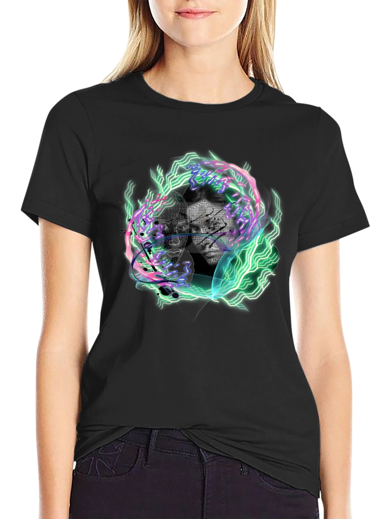 Black Electric Portrait Graphic Tee - Black Cotton Blend view 2
