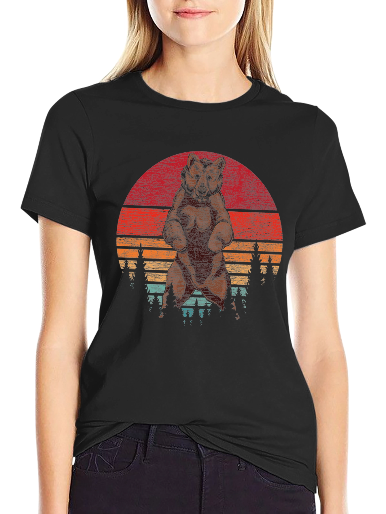 Black Retro Bear Sunset T-Shirt - Vintage Style Design view 2