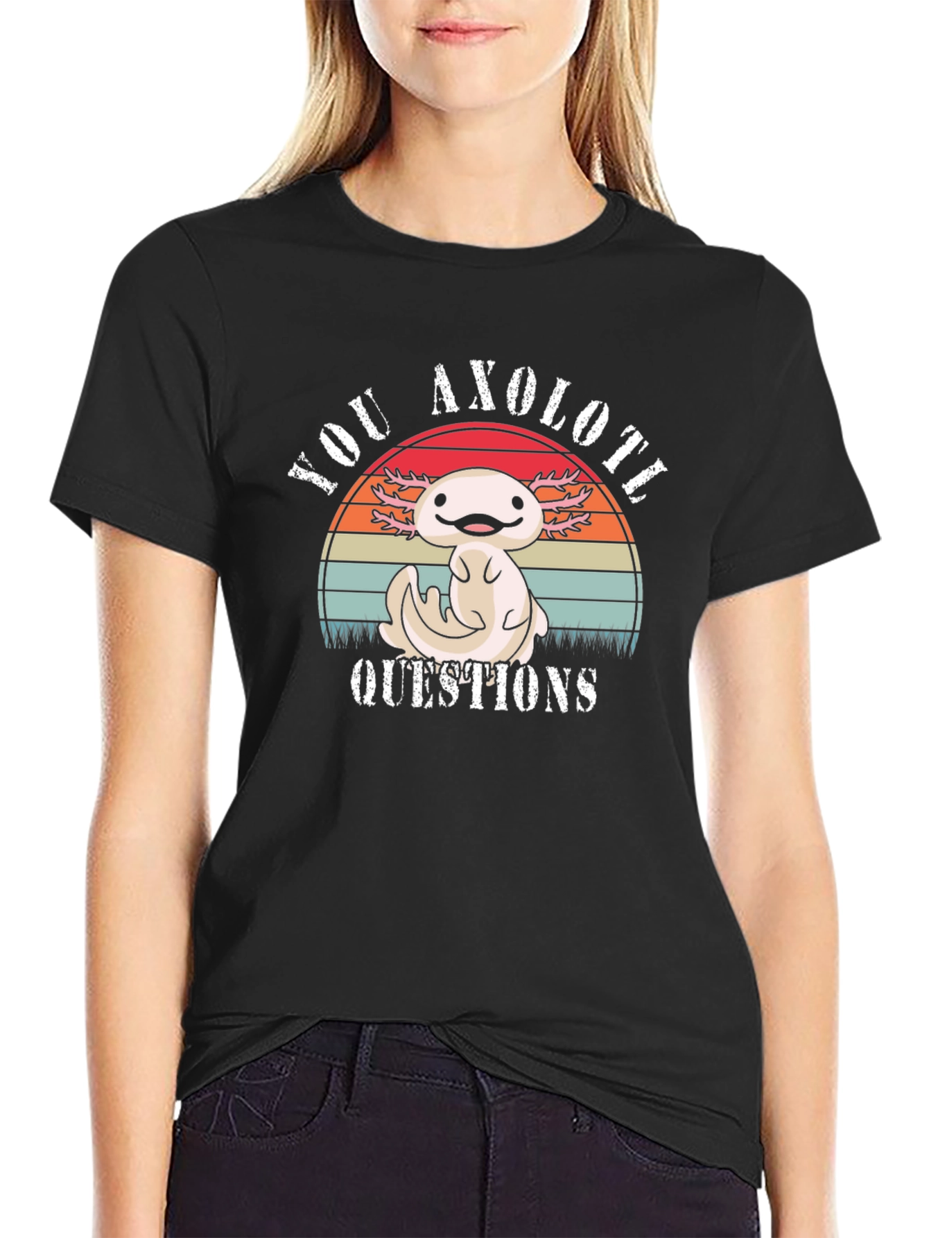 Black Axolotl Questions T-Shirt - Cute Cartoon Animal Tee view 2