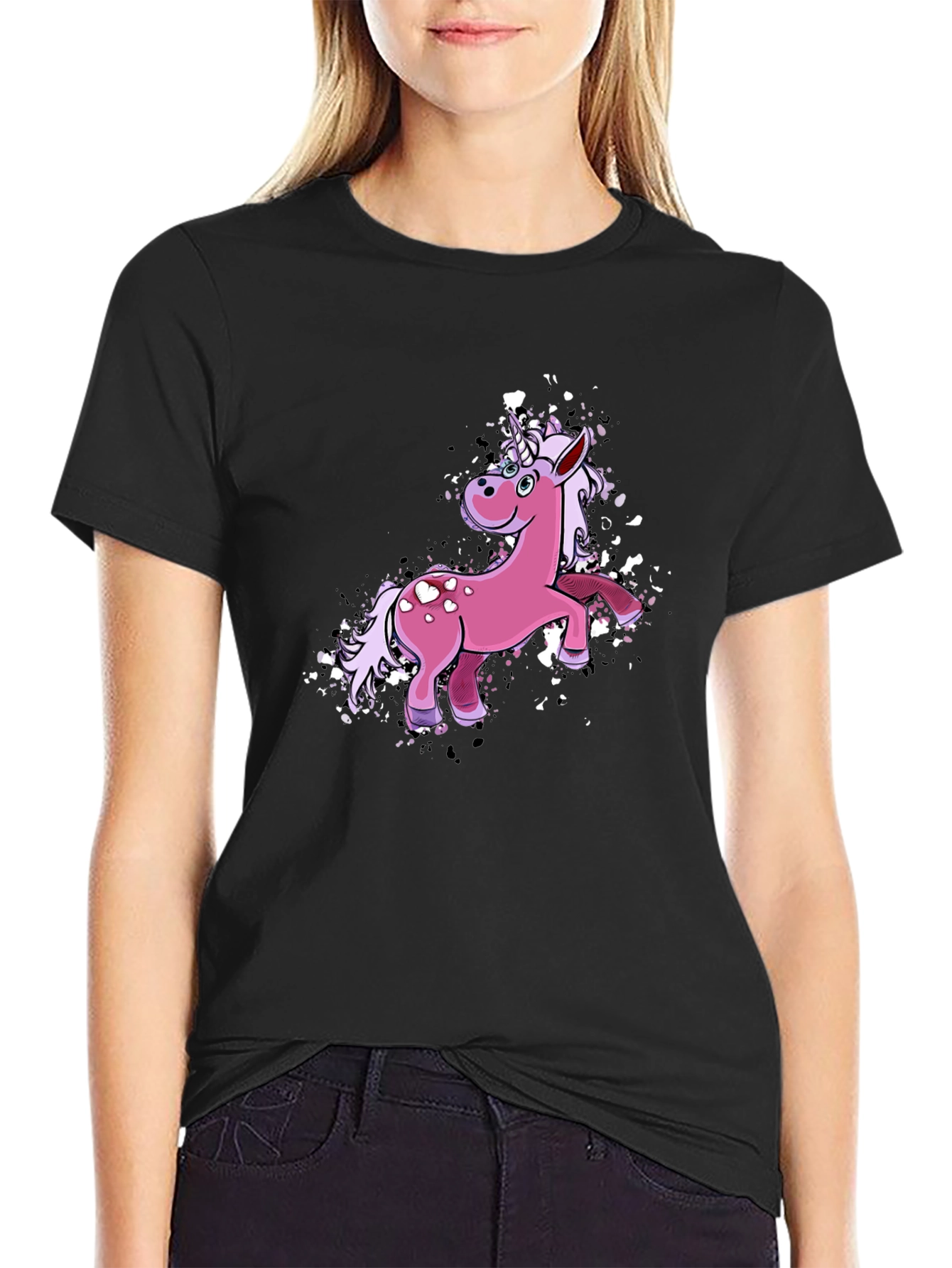 Black Unicorn Graphic Tee - Black Cotton Blend T-Shirt view 2