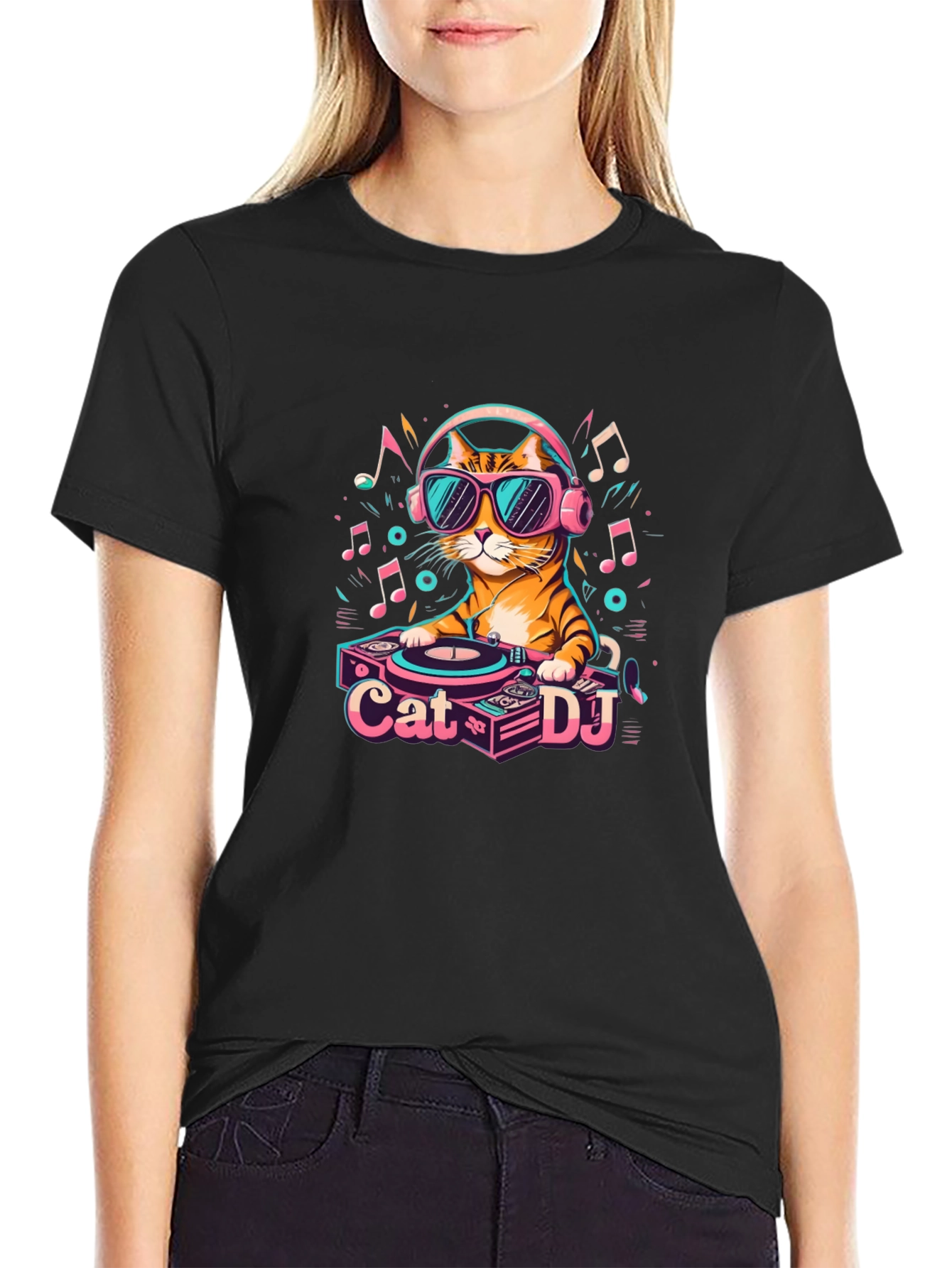 Black Cool Cat DJ Graphic T-Shirt - Unisex view 2