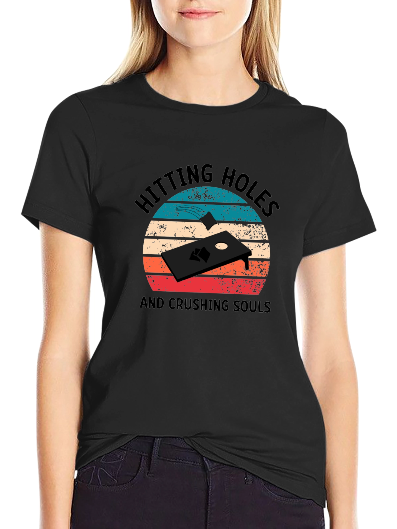 Black Hitting Holes Cornhole T-Shirt view 2