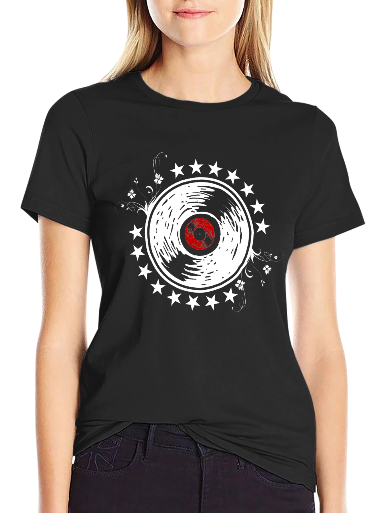 Black Retro Vinyl Record Star Graphic Black T-Shirt view 2