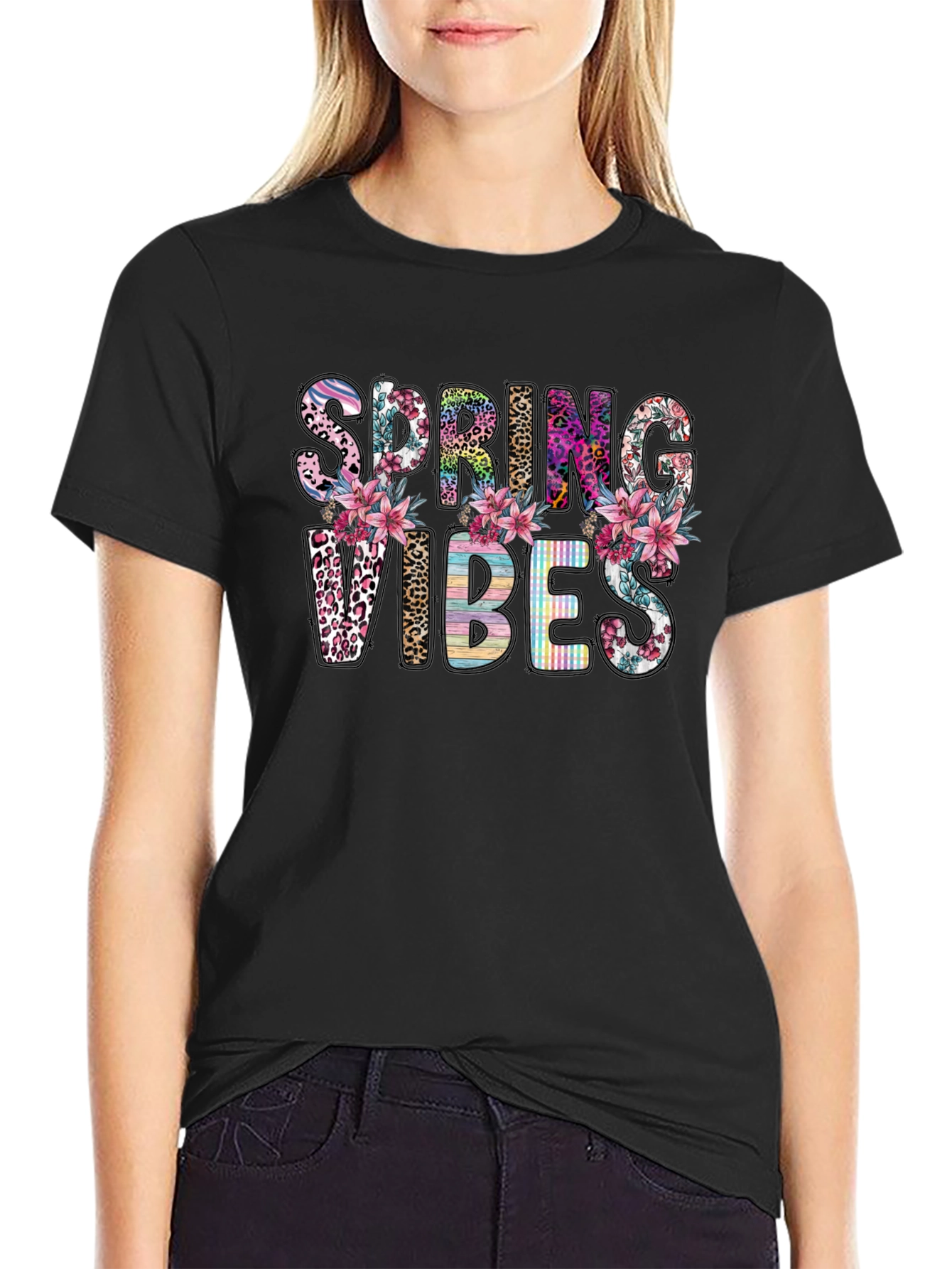 Black Spring Vibes Floral Graphic T-Shirt view 2