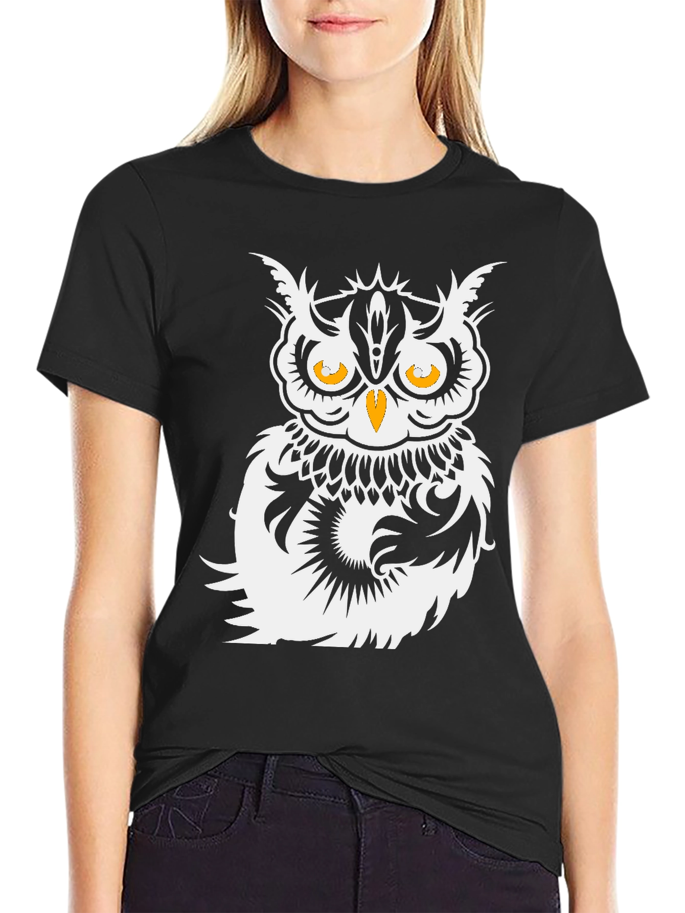 Black Stylish Owl Graphic Print Black T-Shirt view 2