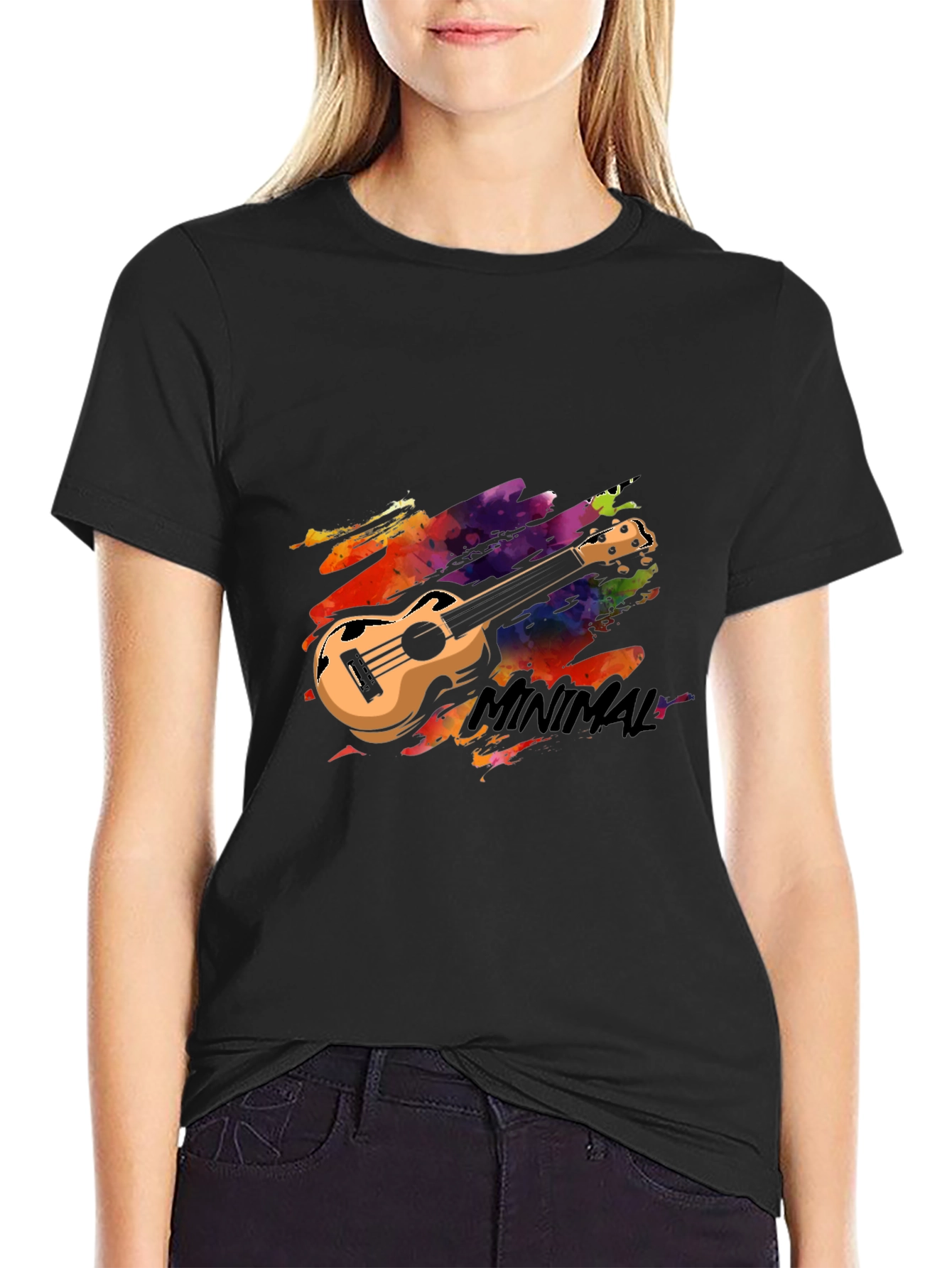 Black Minimal Ukulele Graphic Tee - Stylish Black T-Shirt view 2