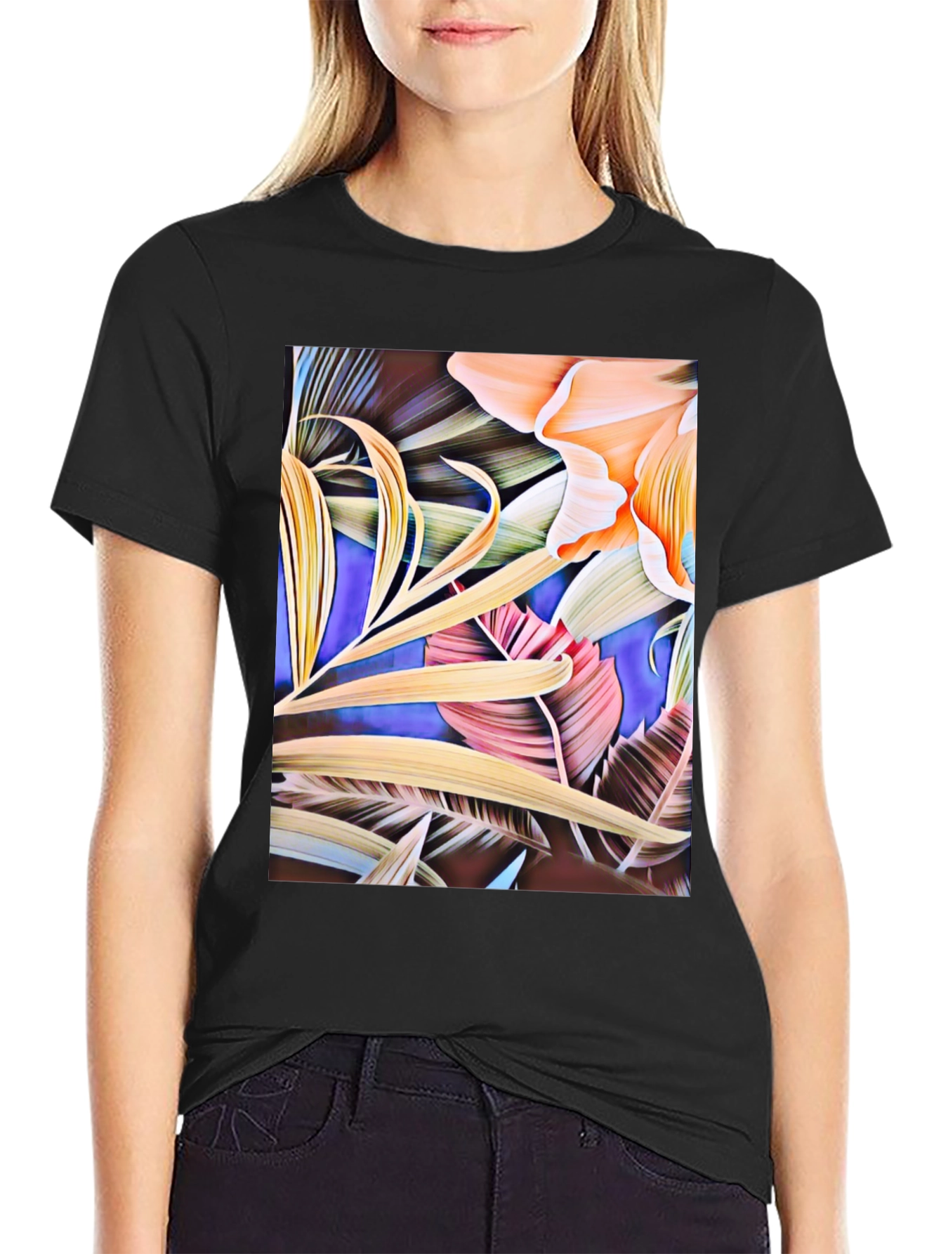 Black Floral Print Black Graphic T-Shirt view 2