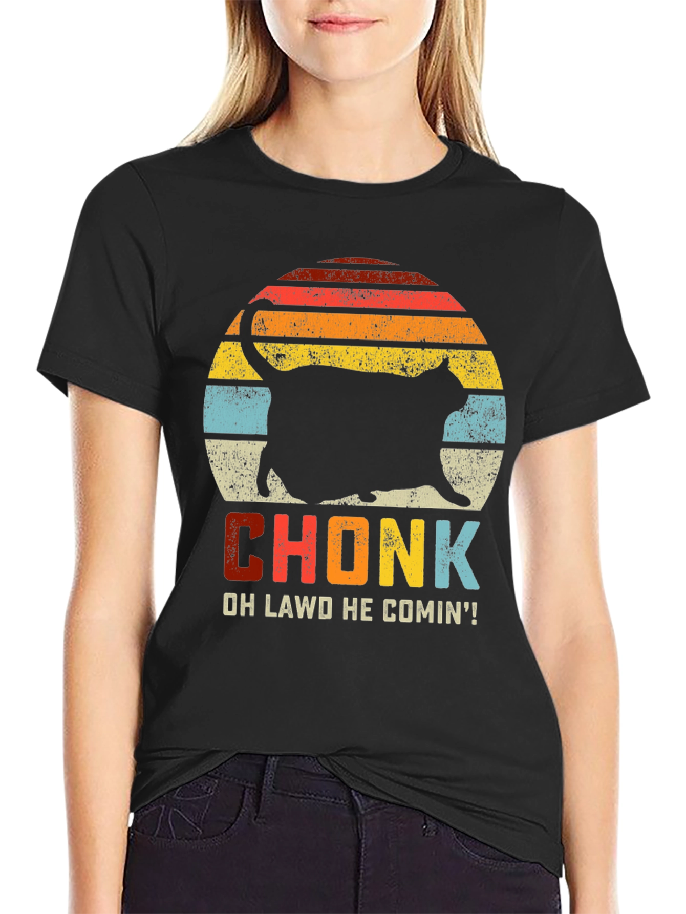 Black Chonk Cat T-Shirt: Oh Lawd He Comin'! view 2