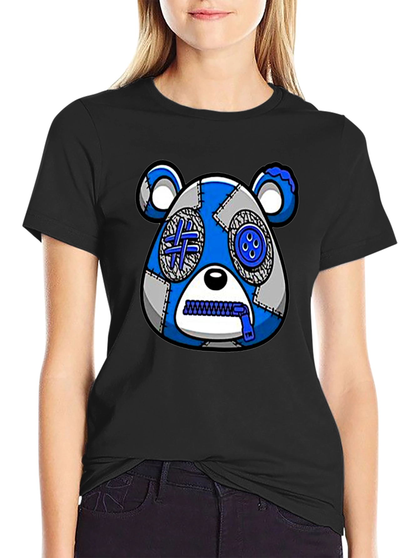 Black Unique Bear Graphic Print Crew Neck T-Shirt view 2
