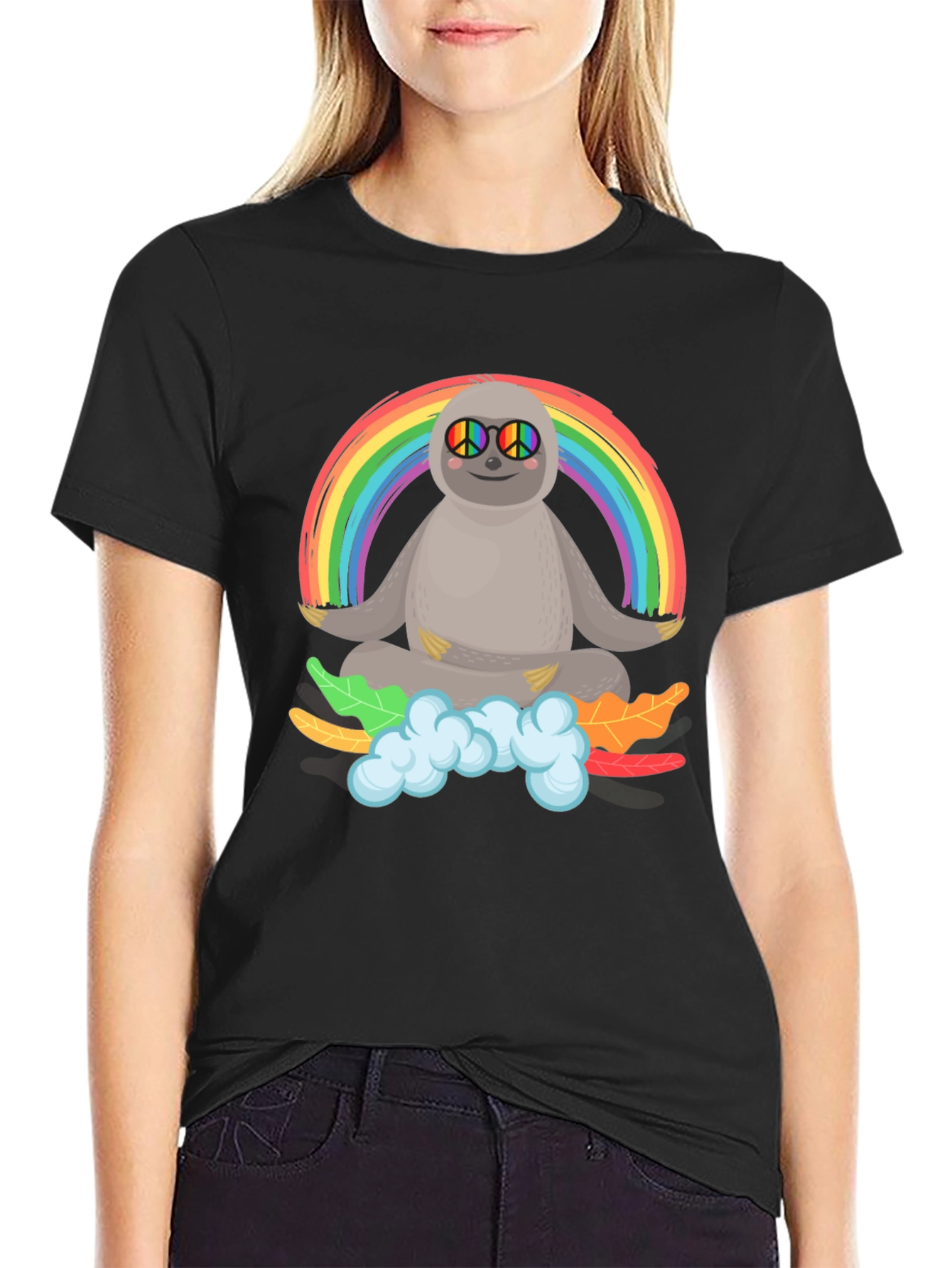 Black Sloth Rainbow Peace T-Shirt view 2