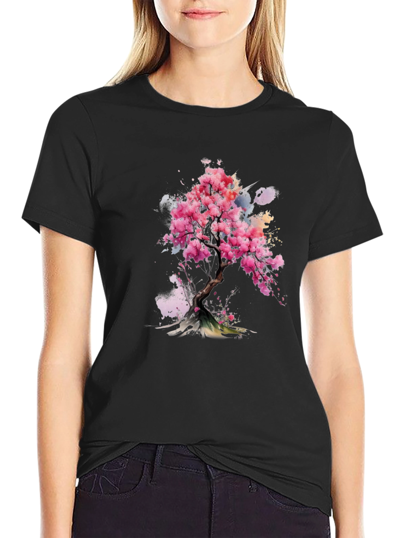 Black Sakura Blossom Tee - Artistic Floral Print view 2