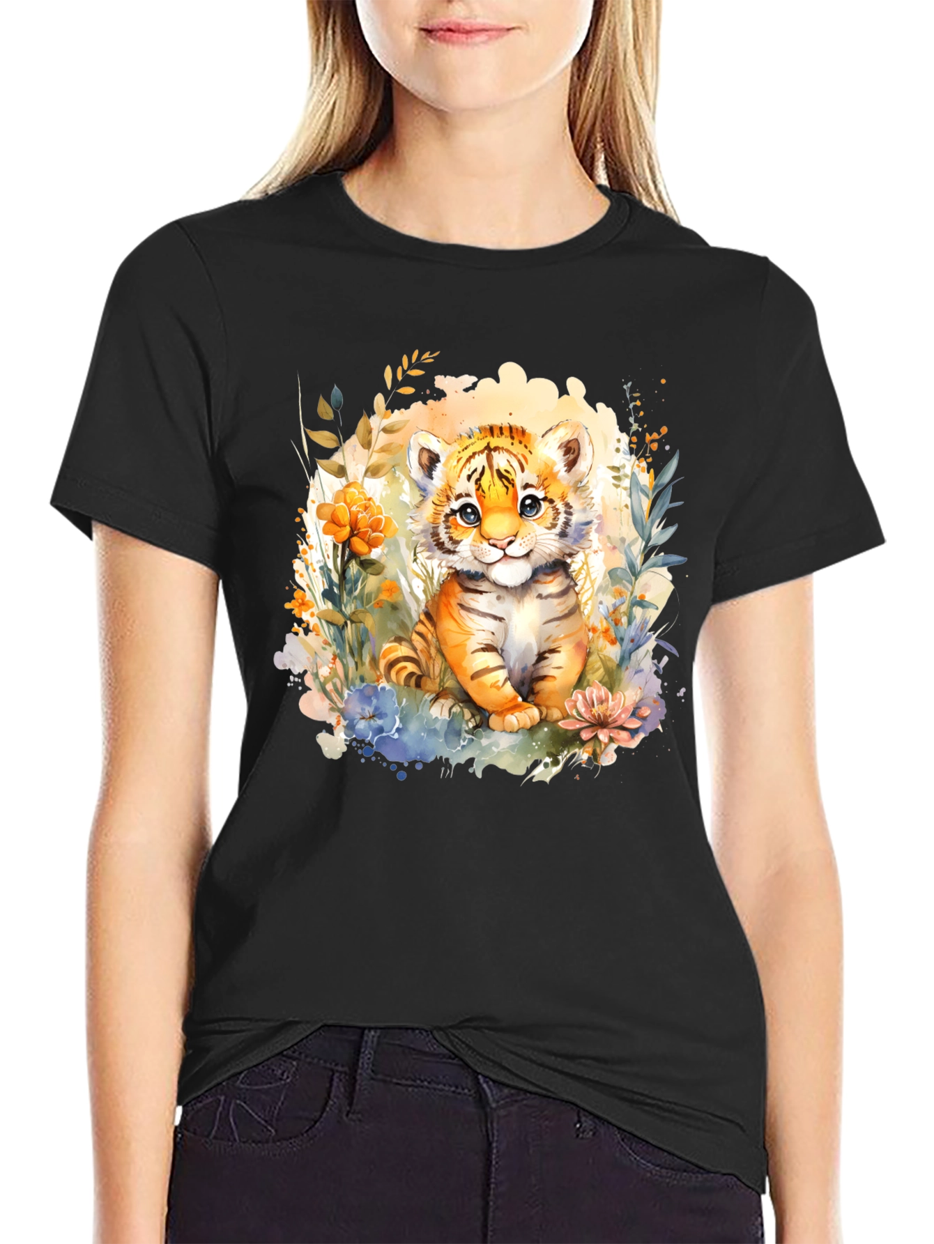 Black Cute Tiger Cub Floral Graphic T-Shirt view 2