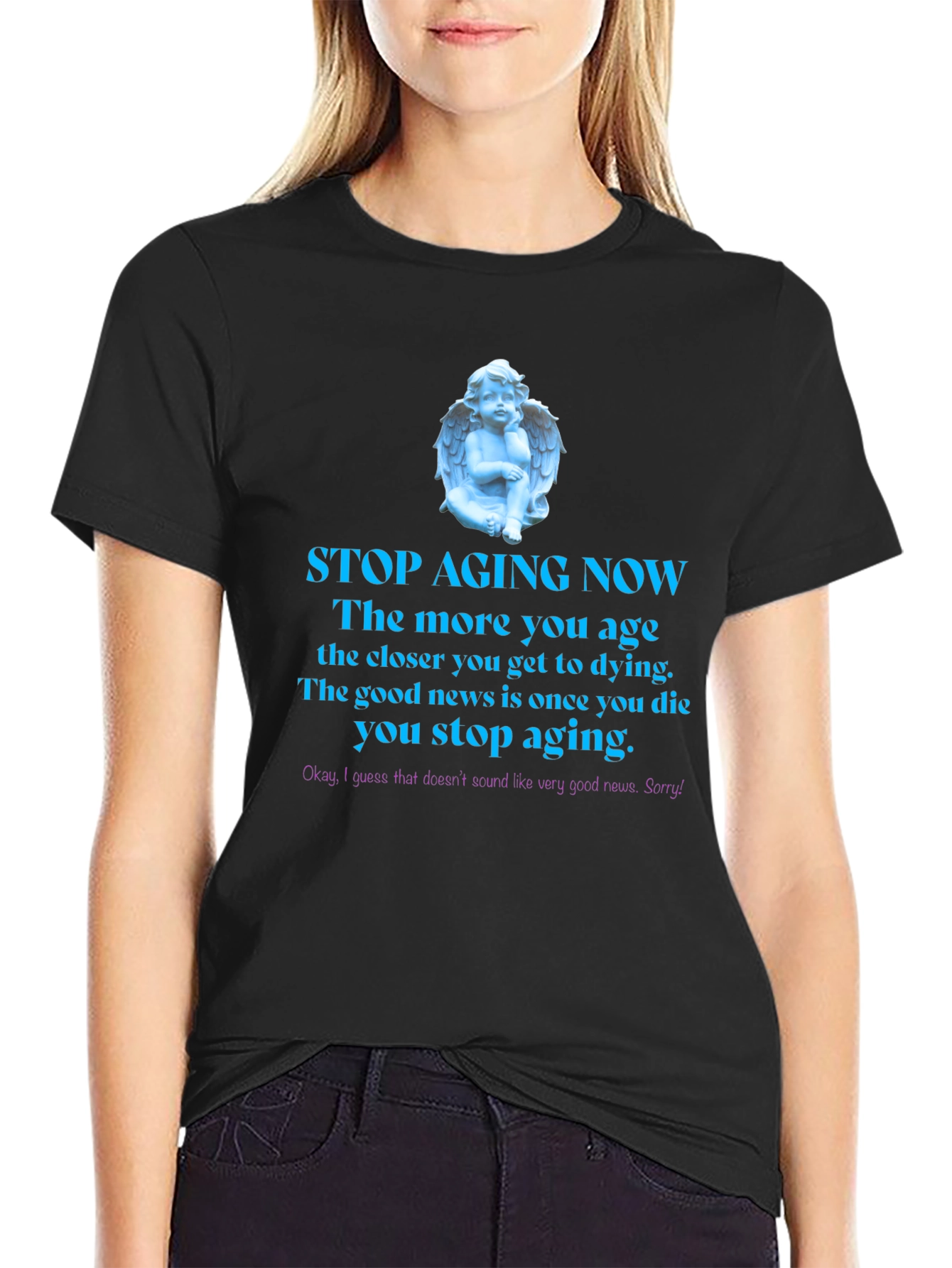 Black Stop Aging Now Funny T-Shirt view 2