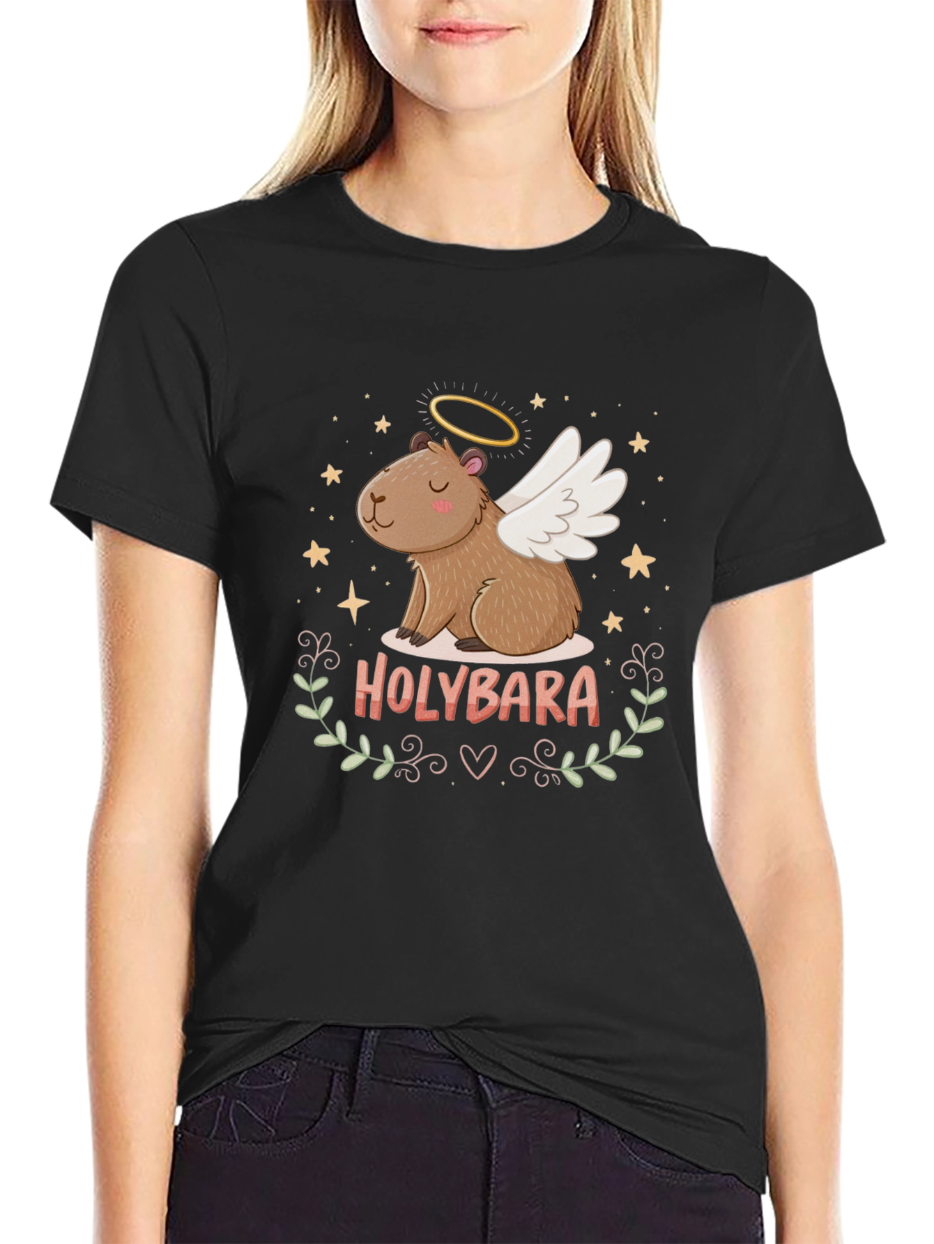 Black Holybara T-Shirt - Angel Capybara Tee view 2