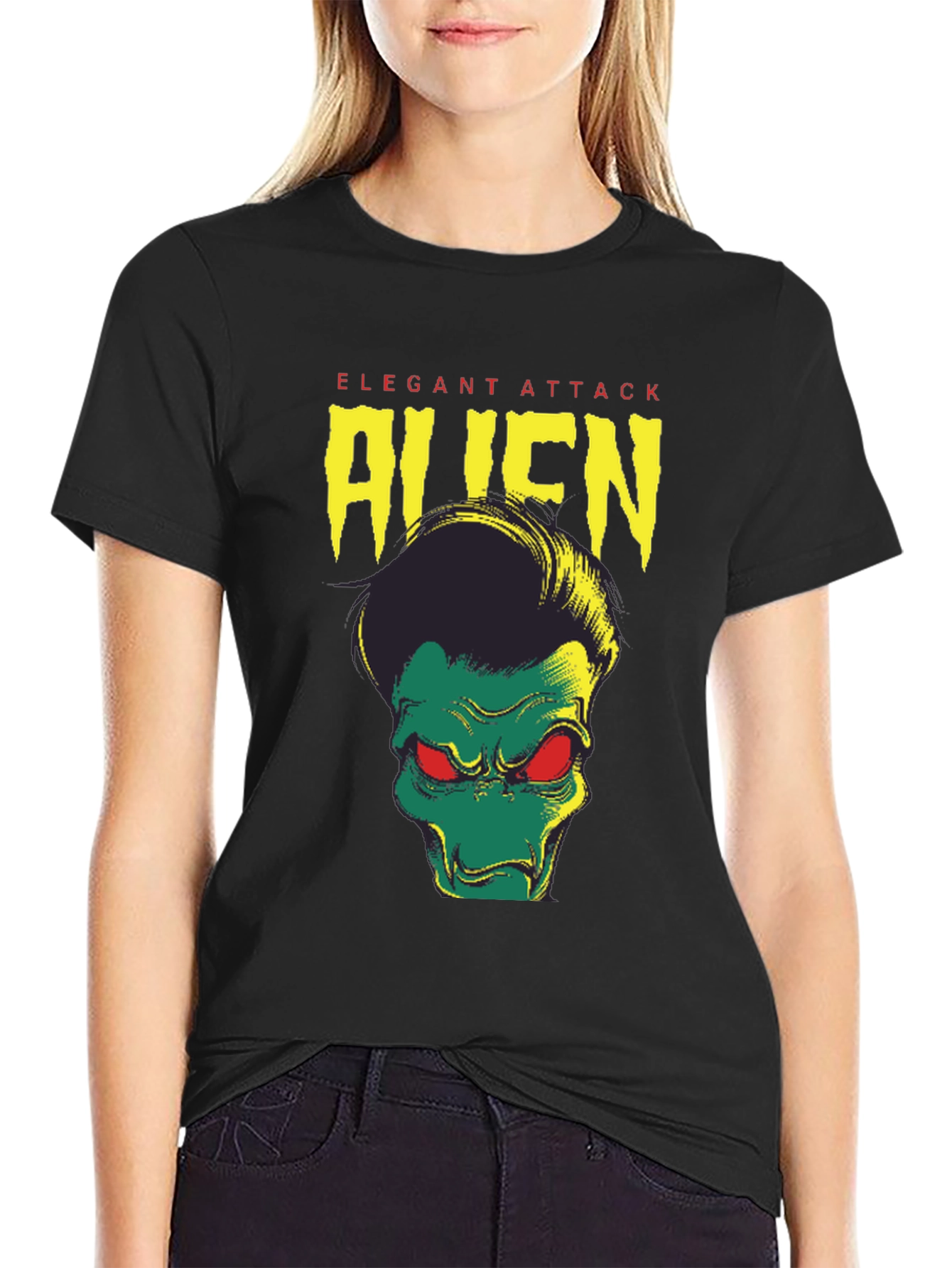 Black Elegant Attack Alien Graphic Tee - Black view 2