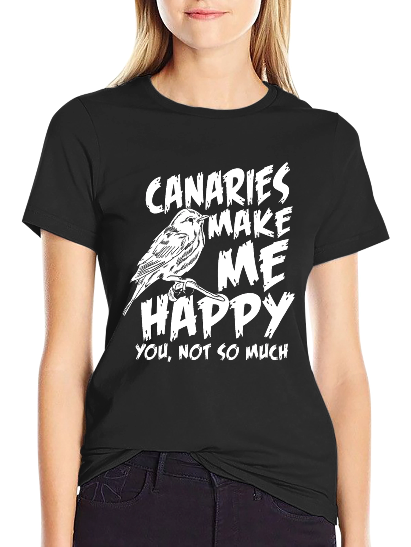 Black Canaries Make Me Happy Graphic Tee - Novelty Bird Lover Shirt view 2
