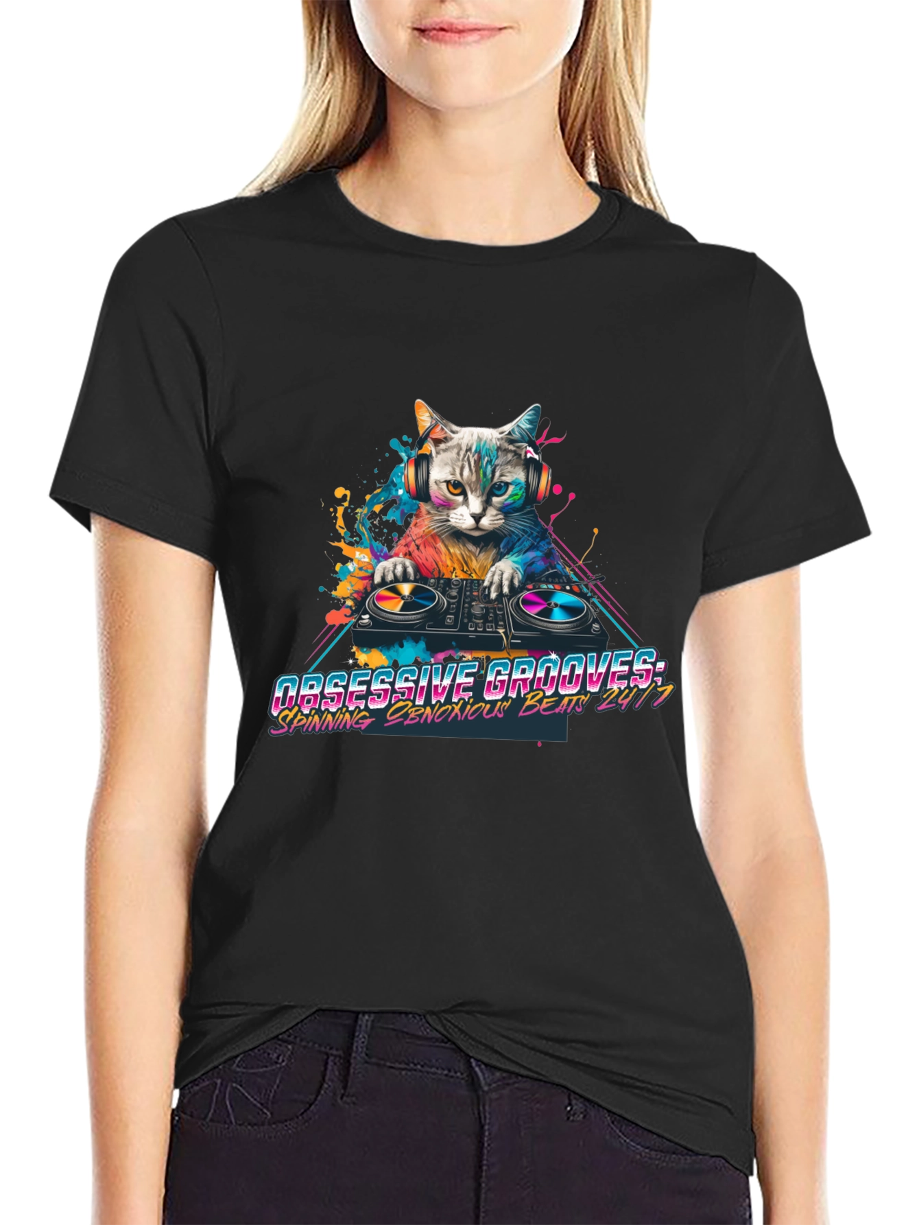 Black DJ Cat Graphic Tee - Obsessive Grooves view 2