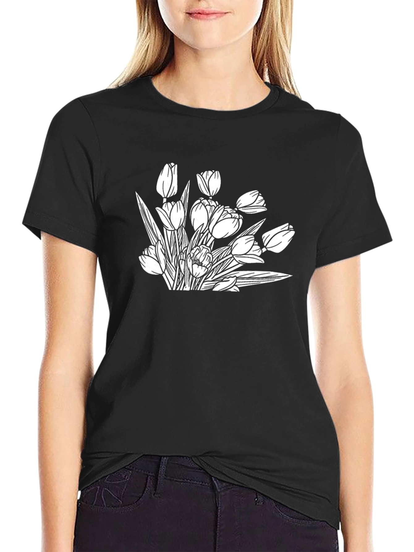 Black Tulip Sketch Graphic T-Shirt - Black view 2