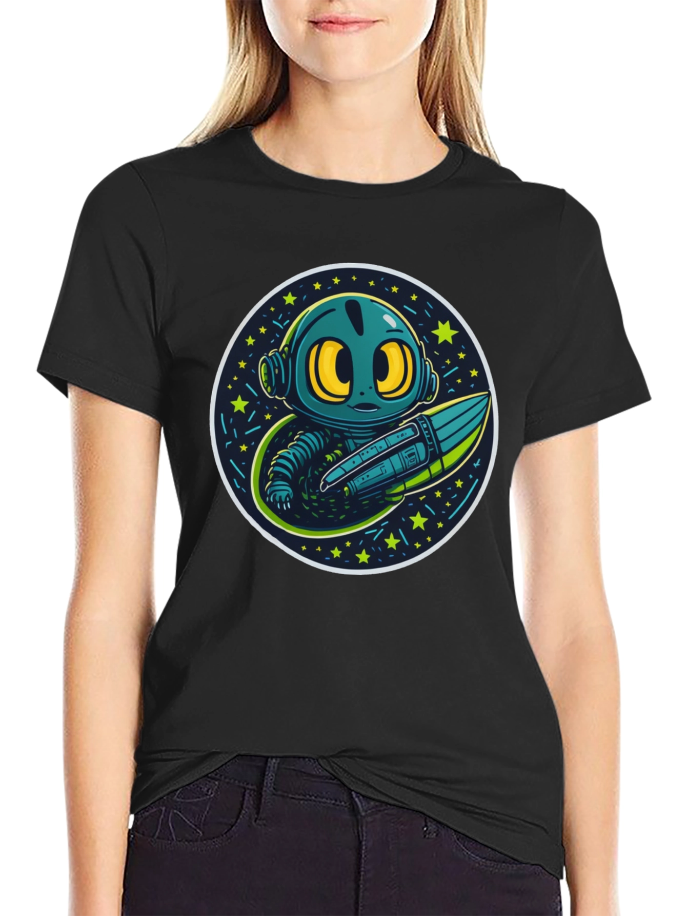 Black Cartoon Alien Rocket Black T-Shirt view 2