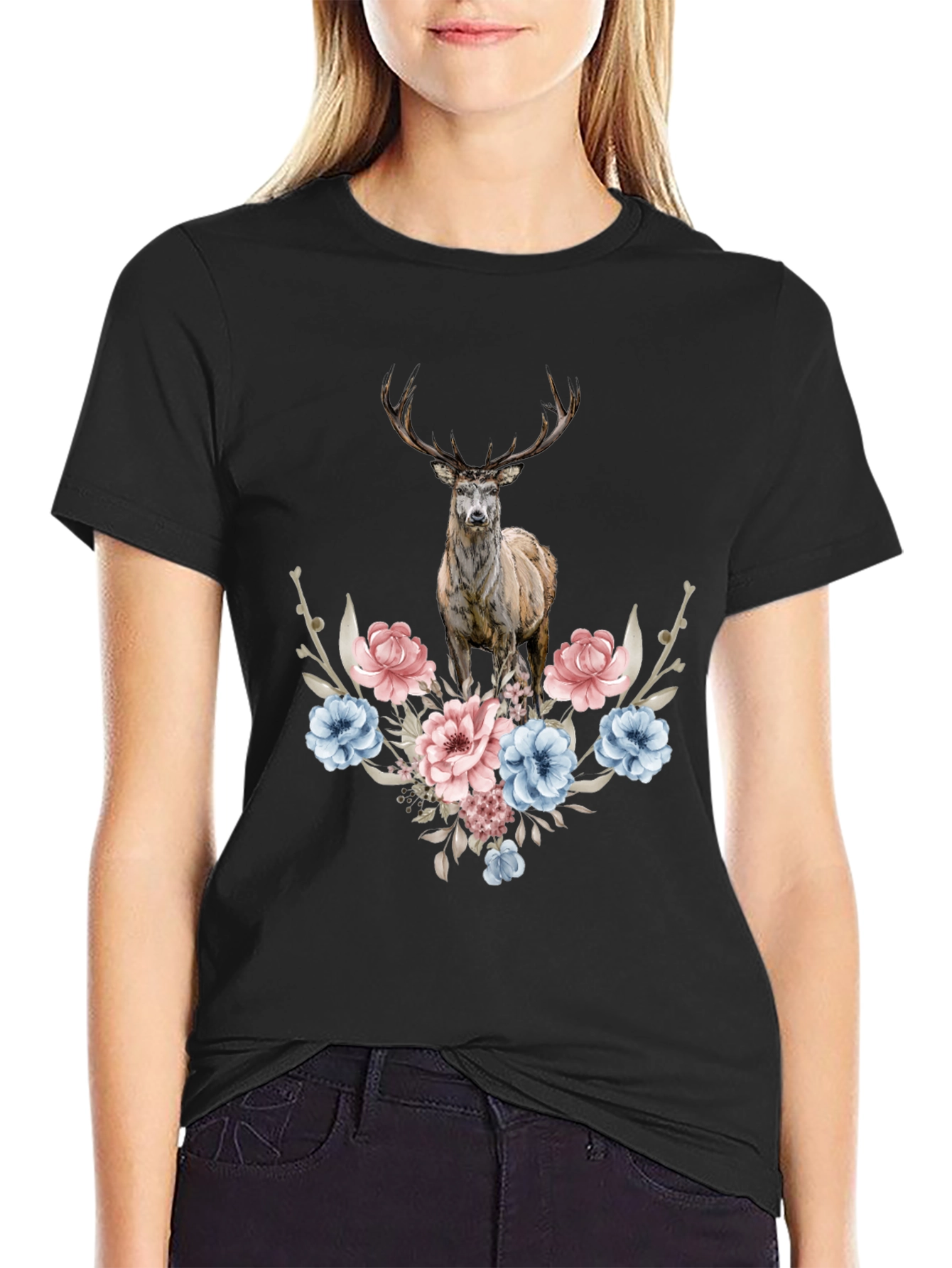 Black Floral Deer Graphic Tee - Men's Black T-Shirt view 2