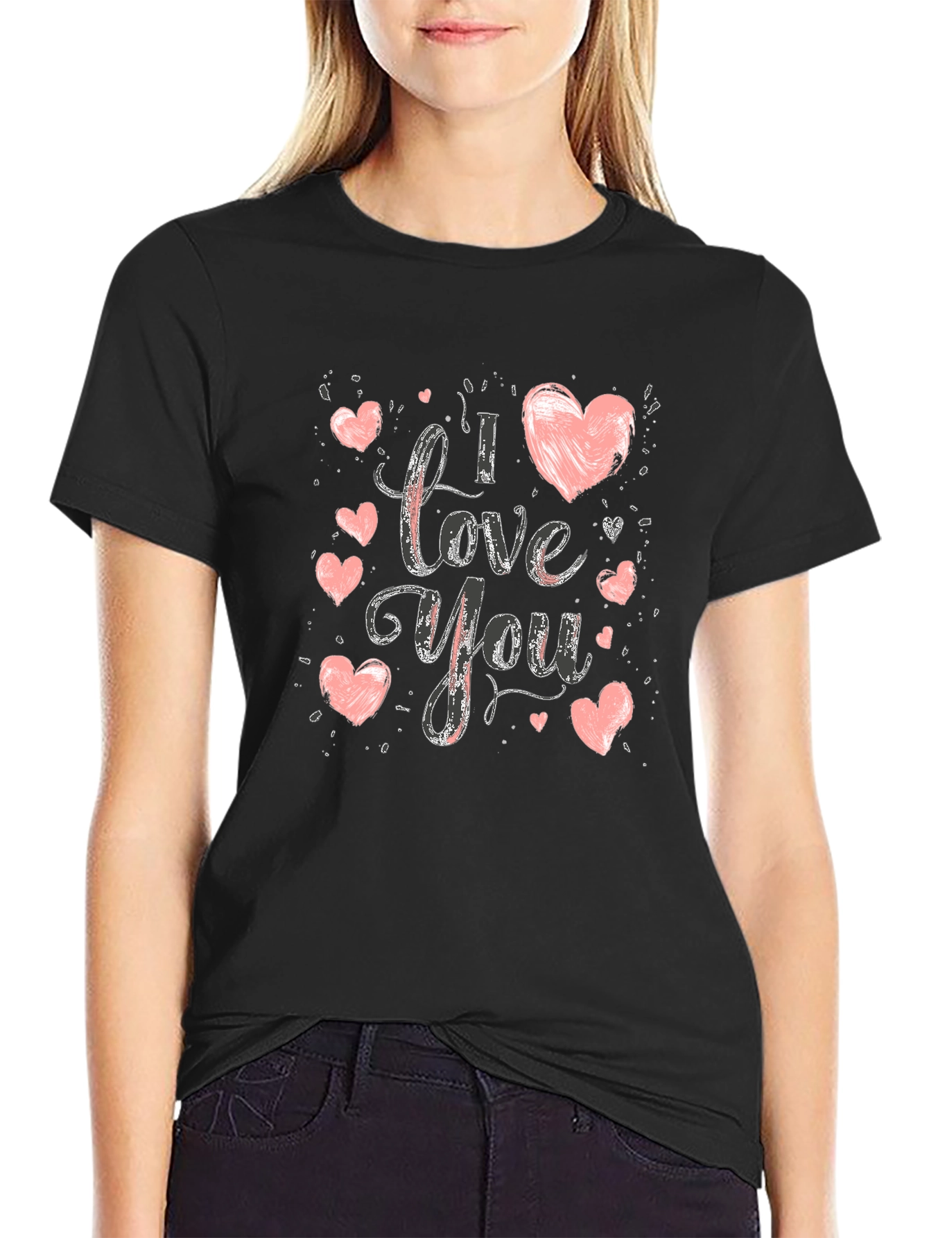 Black I Love You Graphic Print Crew Neck T-Shirt view 2