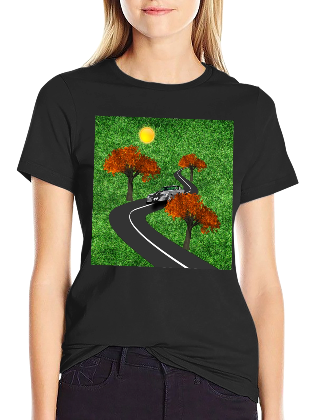Black Road Trip T-Shirt - Car, Trees, and Scenic Route view 2